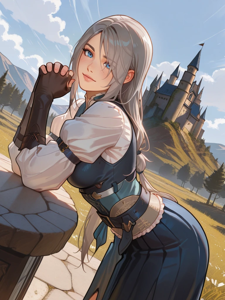 1girl, medium breasts, (JillXL:1.1), white shirt, vest, dress, skirt, long sleeves, puffy sleeves, blue eyes, grey hair, long hair, gloves, one eye covered,
light smile, dutch angle, sexy pose, looking at viewer, skirt lift, blue sky, clouds, castle behind, vegetation, daylight, dynamic pose, cowboy shot, leaning forward, both hands together, from side,
<lora:AjillWarrick_character:0.7><lora:frostbitev2_Illu_dwnsty:1> frostbite,