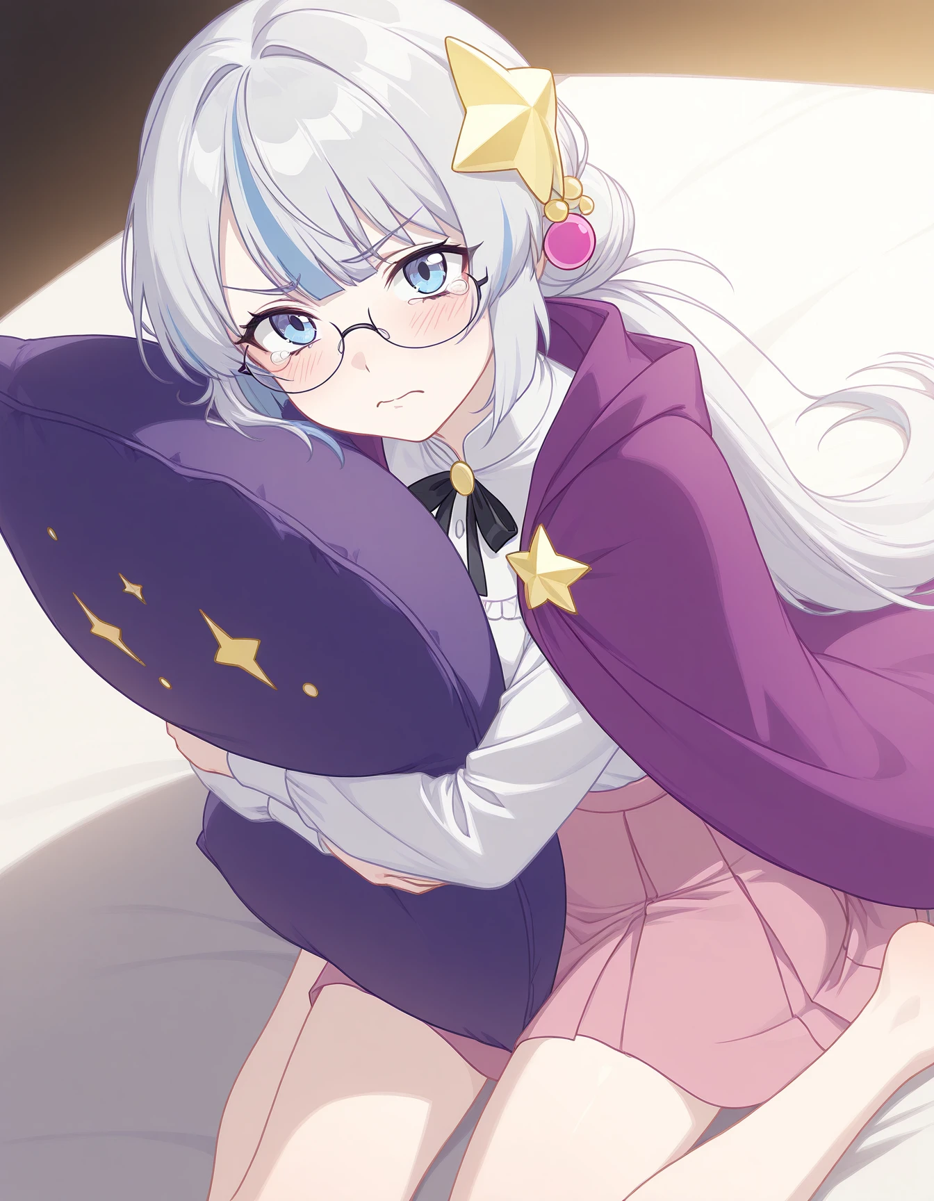 masterpiece, best quality, amazing quality, very aesthetic, high resolution, solo
Asteria-vkstickrs, silver hair, blue streak, glasses, white blouse, black ribbon bow, pink skirt, deep purple cape adorned with golden star-shaped accessories, Floating around her are small celestial orbs and planetary rings, hugging pillow,wariza,from_above,pov,tears,tsundere, ray tracing,soft lighting,dutch_angle,
<lora:Asteria-vkstickrs_il:0.9>