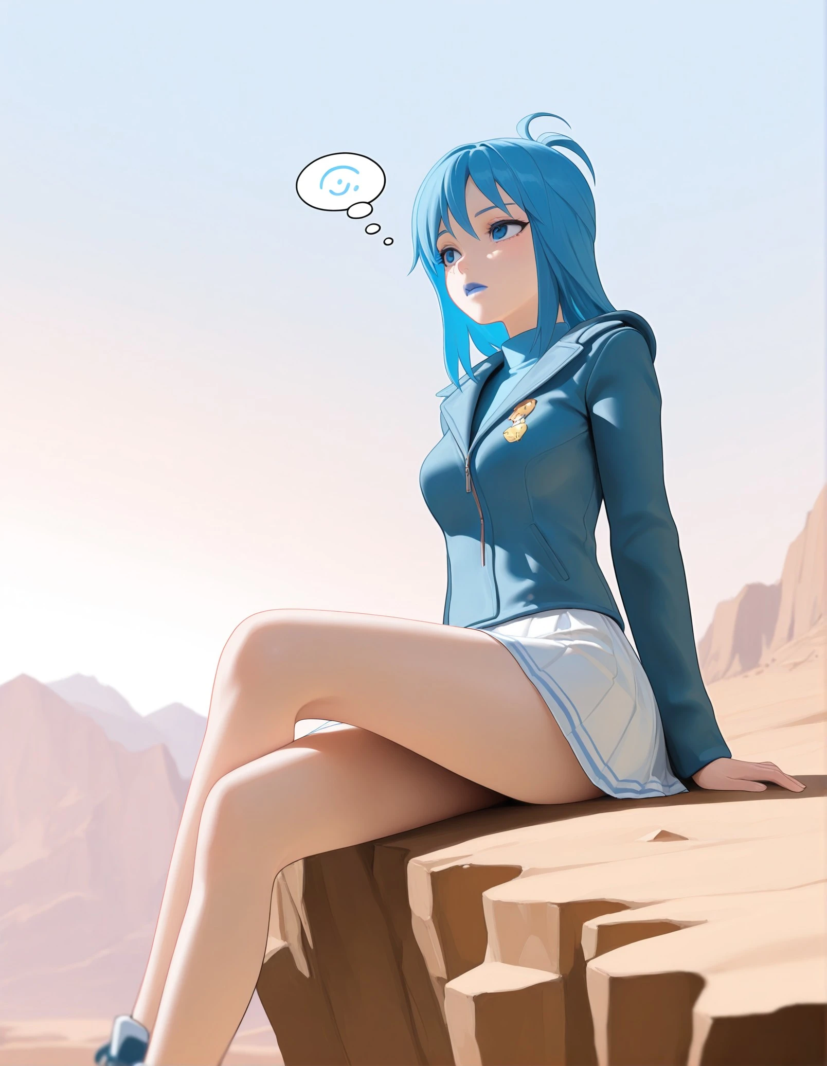 masterpiece, best quality, amazing quality, very aesthetic, absurdres, newest, Hope, 1girl, Blue eyes, Blue Hair, Blue Lips, jacket, skirt, sitting on the edge of a cliff, legs dangling, thoughtful expression, <lora:1f74918b-0ba6-4925-a1c9-03c8370d7704:0.8>