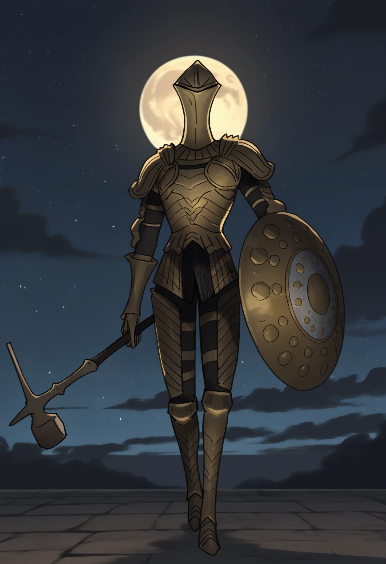 masterpiece, best quality, newest, night, gold moon, dark clouds, star \(sky\), starry sky, outdoors, uielis, 1other, solo, full body, gold helmet, covered face, gold breastplate, gold shoulder armor, gold gauntlets, gold faulds, gold greaves, chainmail, holding shield, holding war hammer, <lora:Ruin Sentinels:1>
