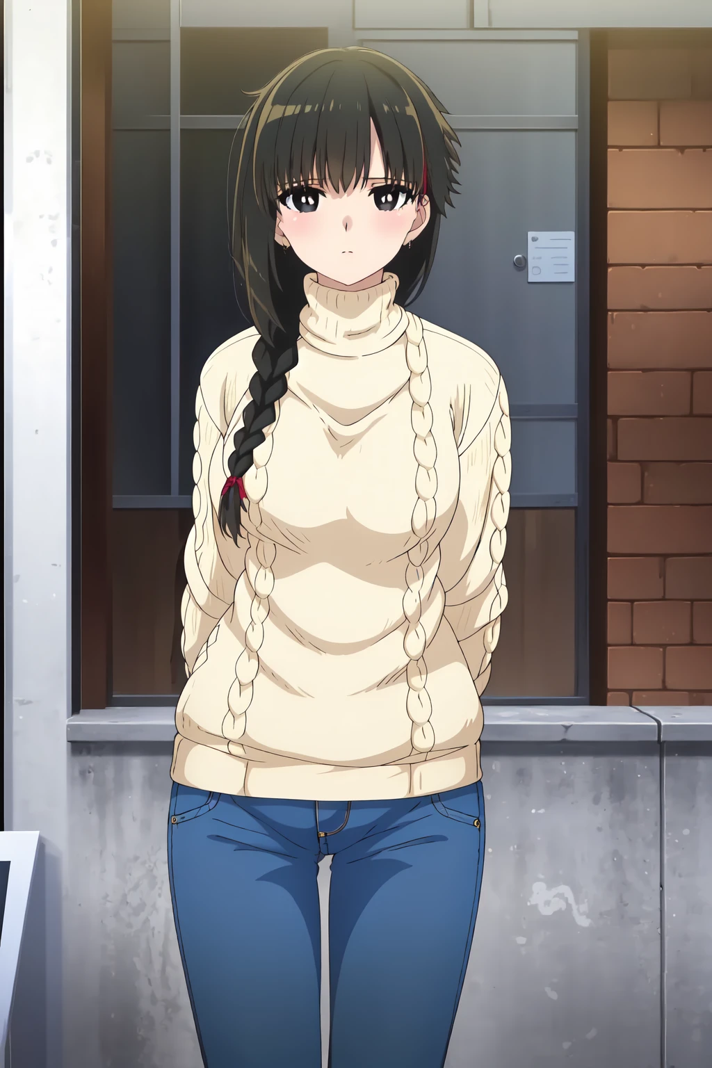 Yuki Yokoya, (8k, HD), 1 girl, alone, long hair, black hair, braid, black eyes, single braid, white pupils, hair over shoulder, looking at viewer, pants, sweater, turtleneck, denim, ribbed sweater, jeans, turtleneck sweater, cable knit, aran sweater, outside, arms behind back