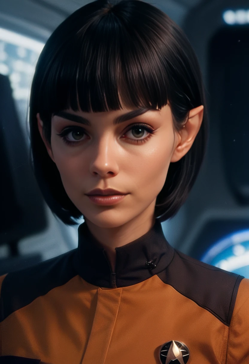 source_9, source_8_up, source_7_up, source_6_up, vulc4n, on a spacecraft, portrait, 1girl, pointy eyebrows, blunt bangs, black hair, short hair, wearing a uniform  <lora:vulc4n-v4:1>