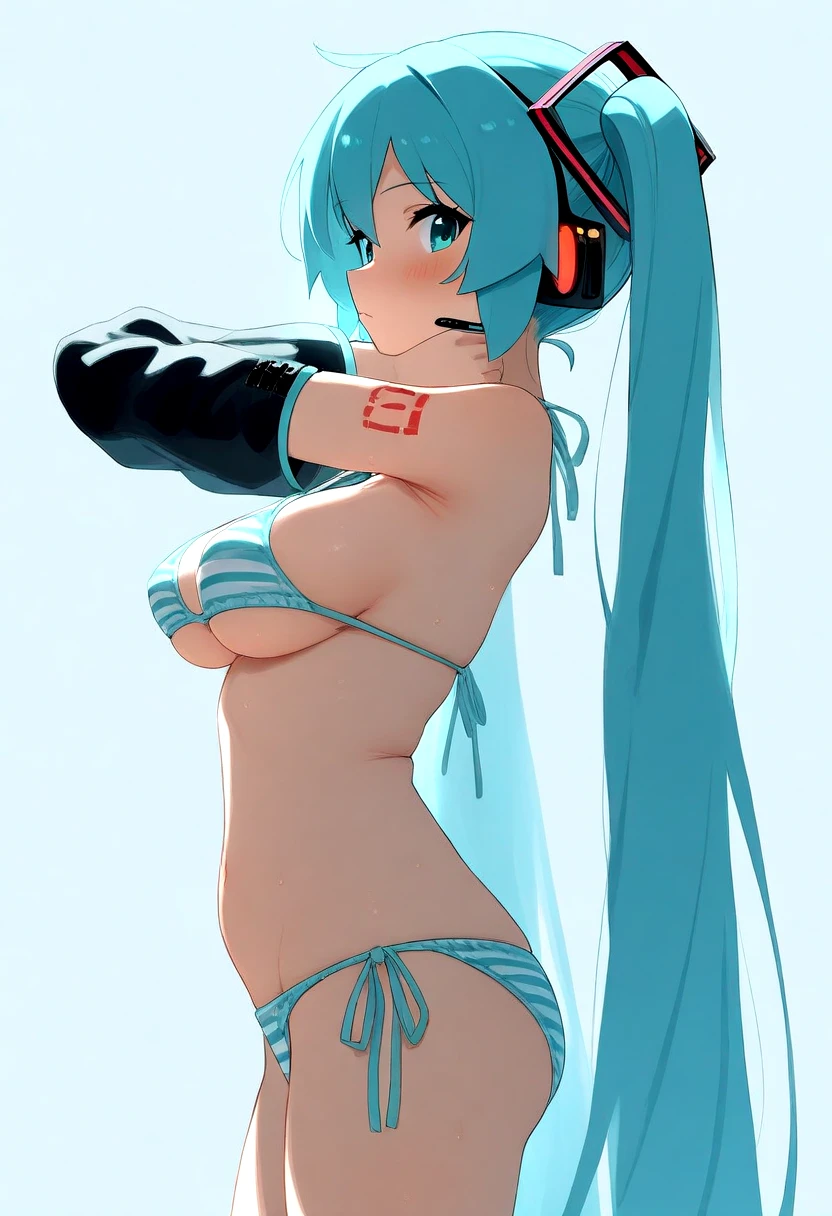 masterpiece,best quality,amazing quality,absurdres,<lora:hatsune_miku_illustrious:0.8>,hatsune_miku_illustrious,1girl,aqua eyes,aqua hair,arm tattoo,bare shoulders,bikini,blush,breasts,closed mouth,detached sleeves,from side,large breasts,long hair,looking at viewer,medium breasts,number tattoo,profile,side-tie bikini bottom,sideboob,simple background,solo,strap gap,striped bikini,striped clothes,swimsuit,tattoo,twintails,underboob,very long hair,wide sleeves,
