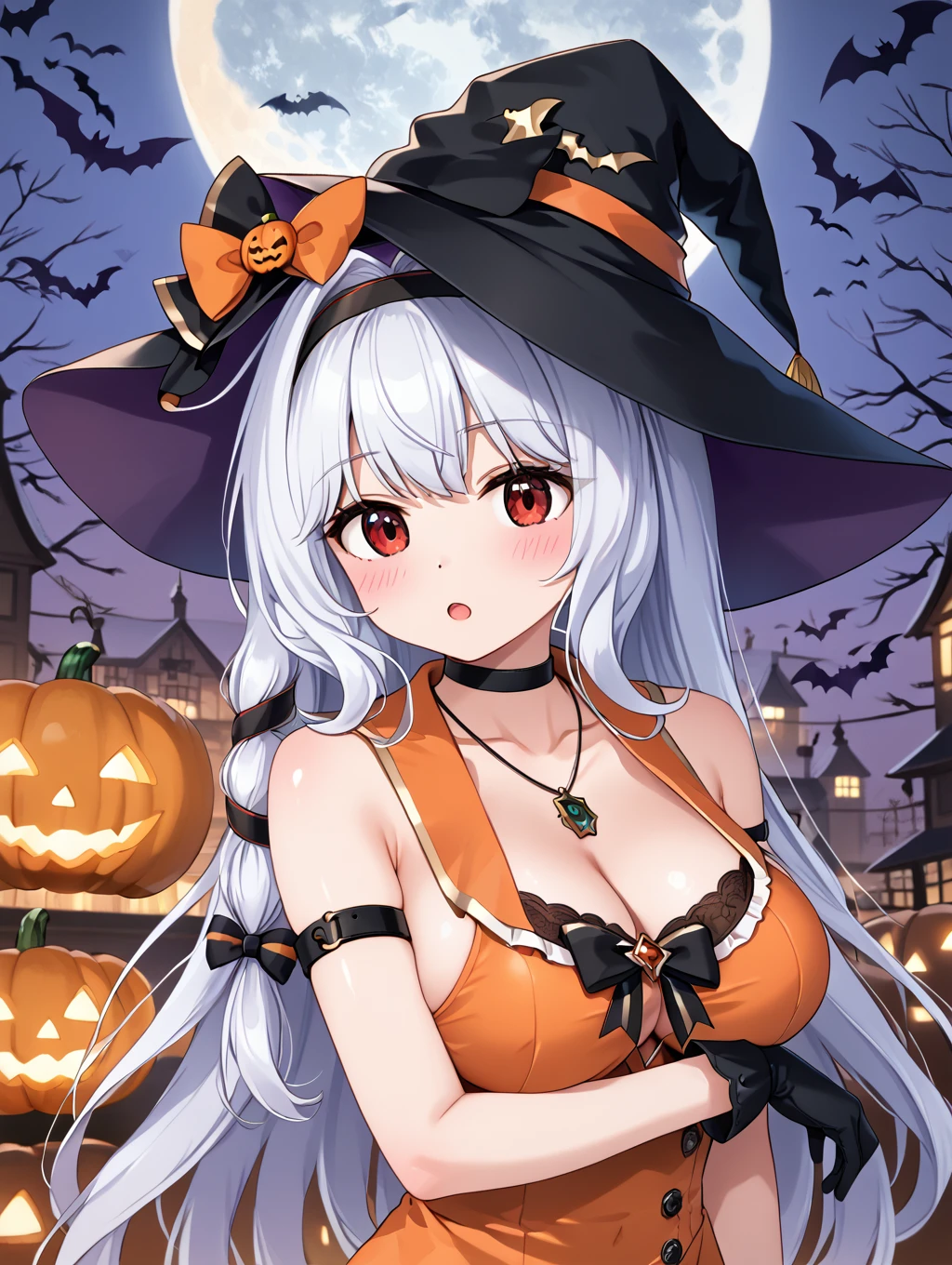 (top-quality、in 8K、32K、masterpiece、nffsw、超A high resolution、Impresionismo、Photorealsitic:1.2)、Colossal tits、cowboy shot, detailed faces and eyes、 Night city、Dim Street Lights、Jack-o'-lanterns are placed on the road、Halloween costumes、beauitful face、blurry backround、16-year-old beautiful girl、shinny skin、short-hair、Silvery beautiful hair、Blunt bangs、Black eyes、(Katyusha:1.2)、Black Witch Robe、Mini Skirt、Black witch hat、Curve、Stand on one knee、(Pink panties are visible:1.2)、Smile with open mouth、Opening legs