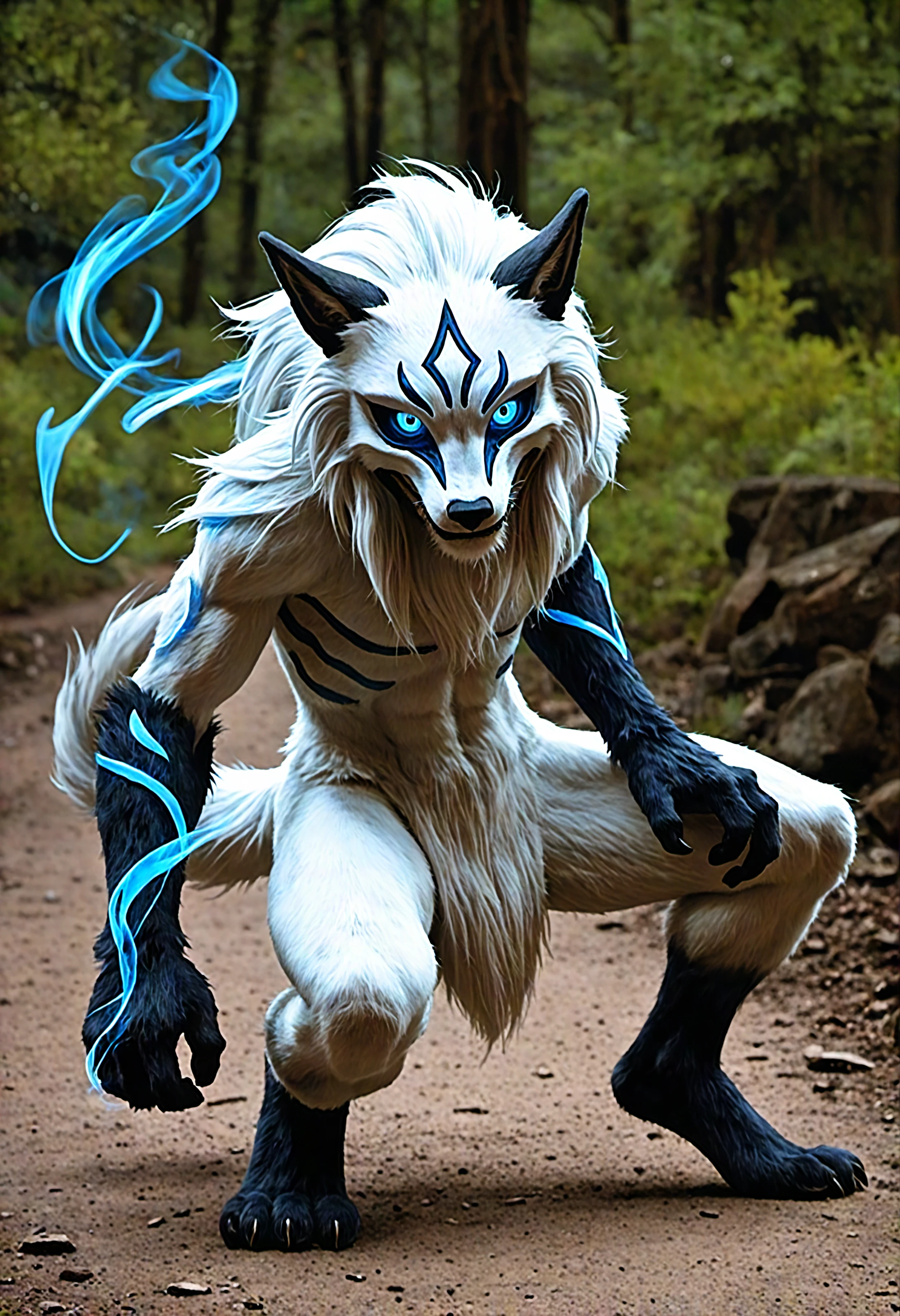 photorealistic, kindred \(lol\), riot games, full body, action pose, magical background, anthro, furry