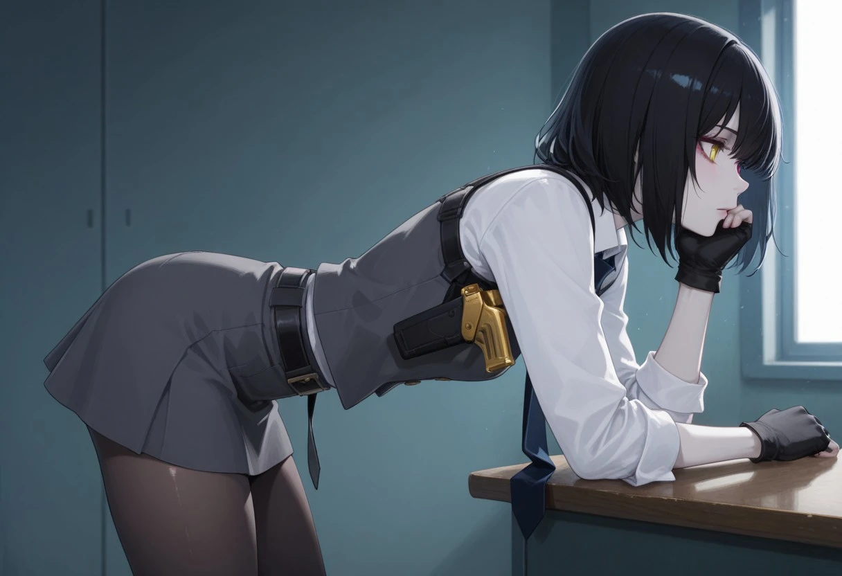 absurdres, masterpiece, best quality, very aesthetic, HDR, 8K, ultra-detailed, anime, 748cmstyle, bent over, side view,
1girl, MarigoldFO, solo, black hair, heterochromia, short hair, yellow eyes, makeup, pale skin, necktie, dark grey vest, white shirt, fingerless gloves, black gloves, belt, dark grey skirt, pantyhose, shoulder holster, holstered weapon, skindentation, shiny skin, (skinny),