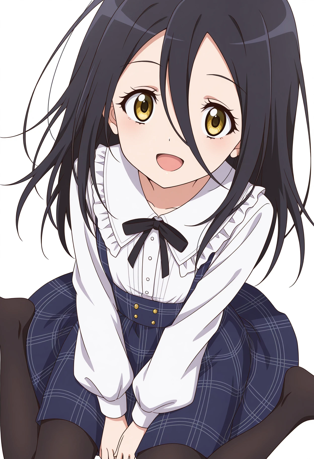 <lora:Hikaru KAMISAKI_1.0_illustrious-000036:1>,
KHA_ONE,solo,long hair,yellow eyes,black hair,open mouth,dress,smile,looking at viewer,white background,simple background,:d,hair between eyes,plaid skirt,white shirt,black bow,frilled,cowboy_shot,black pantyhose,sitting,wariza,from_above,blue skirt
