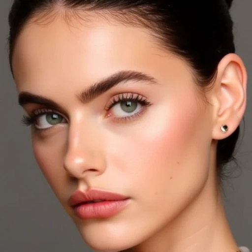 almond-shaped green eyes with a small beauty mark on her left cheek., accentuated by subtle, The image is a high-resolution photograph of a young woman with a striking appearance. She has a fair skin tone and striking features, polished look., and a slender nose. Her skin is fair and smooth. Her dark hair is slicked back into a tight, giving her an intense gaze. Her eyebrows are perfectly arched, thick lashes., well-groomed eyebrows. Her eyelashes are long and naturally dark