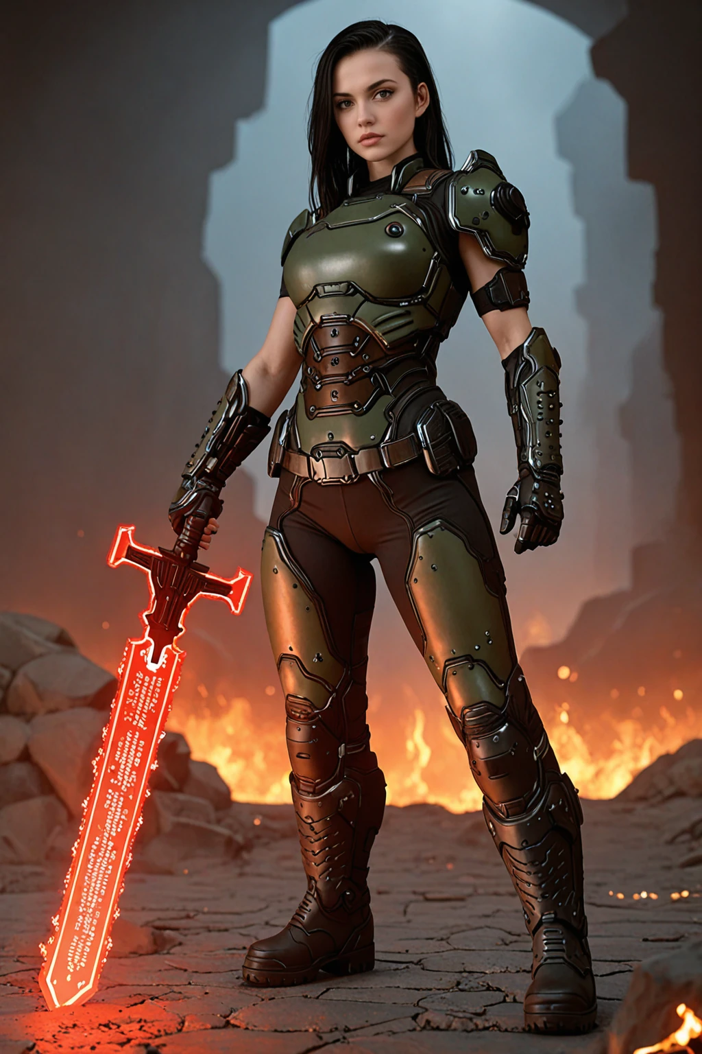 masterpiece, good quality, best quality, very awa, very as2, absurdres, highres
<lora:Doom Girl CrashilluLoRA:1>dmgirl, long hair, black hair, side cut, power armor, pauldrons, breastplate, gauntlets, belt, boots, single arm guard, holding glowing sword