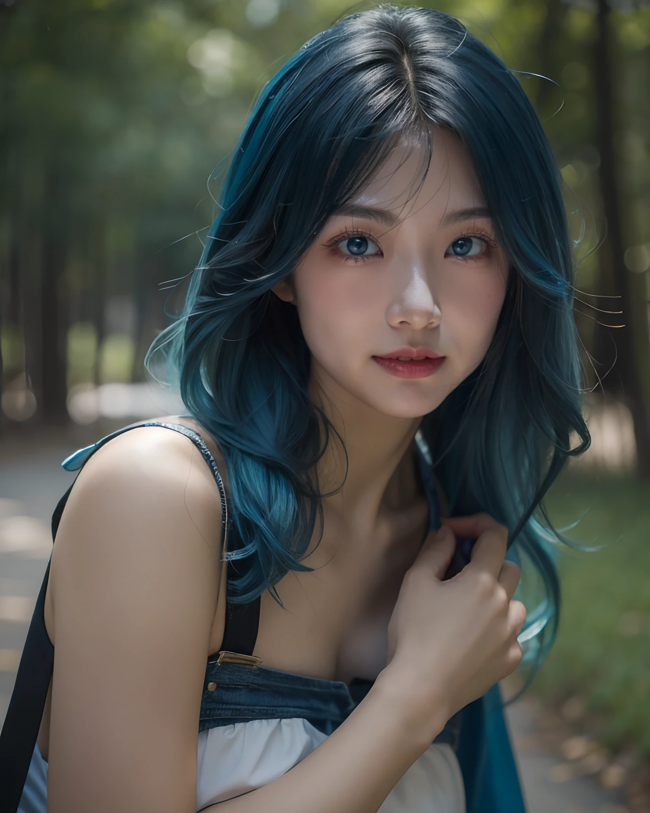 (masterpiece:1.4), (best quality:1.4) , (photorealistic:1.4), 8k, 1 girl,looking at viewer, blue hair, cosplay, cowboy shot,
