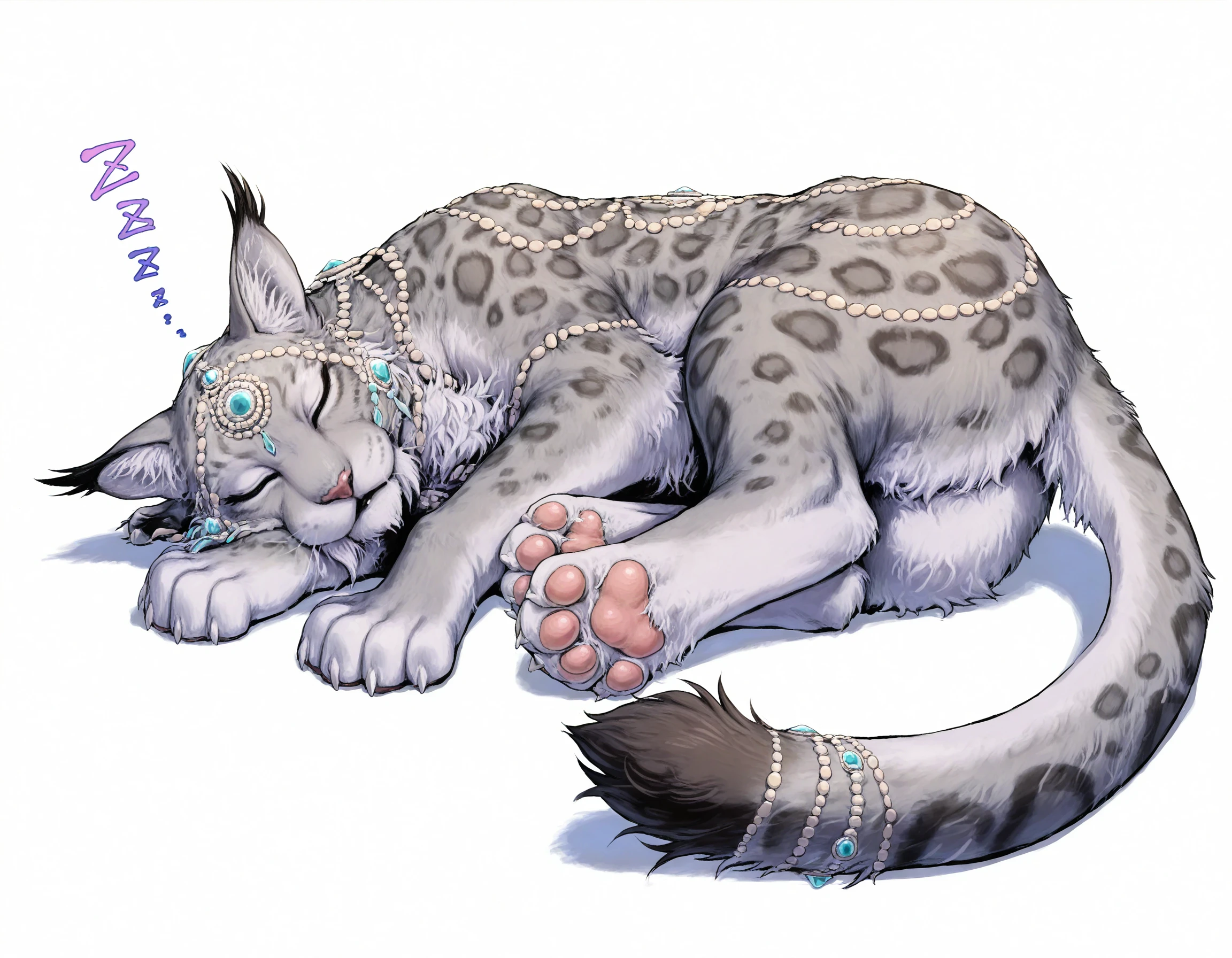 masterpiece, good quality, best quality, 2d, anime, blank background, (etuzan jakusui:0.05), 
SnowLeopard, cat, zzz ,sleeping, gem, jewelry, curled up, solo,
<lora:SnowLeopard_IL:0.87>