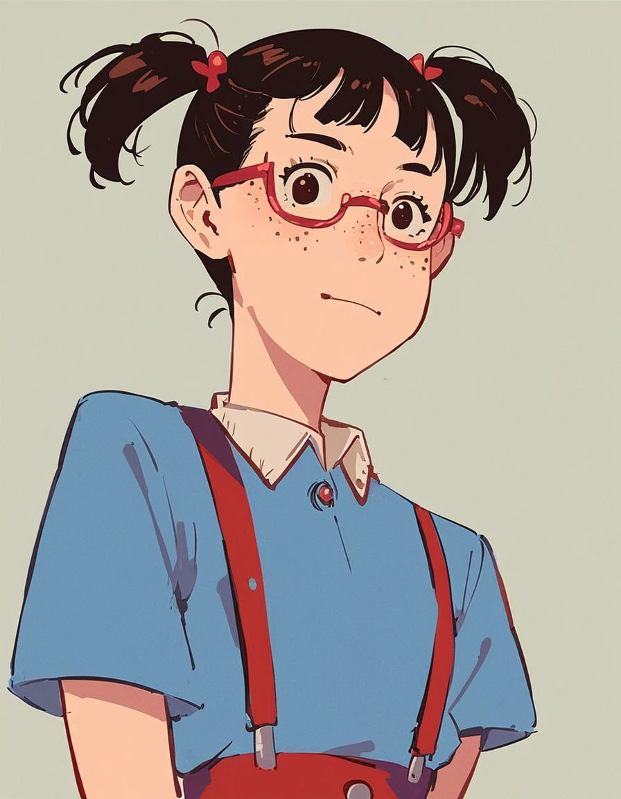 score_9, score_8_up, score_7_up, score_6_up, source_anime, anime coloring, <lora:by_sharp-v2-pony-000021:0.8> by sharp, 1girl, freckles, short twintails, solo, glasses, under-rim eyewear, suspenders