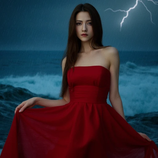 1 girl ,sexy red dress,portrait, huge breasts and slender waist, heavy rain and lightning, with towering waves behind,looking at viewer