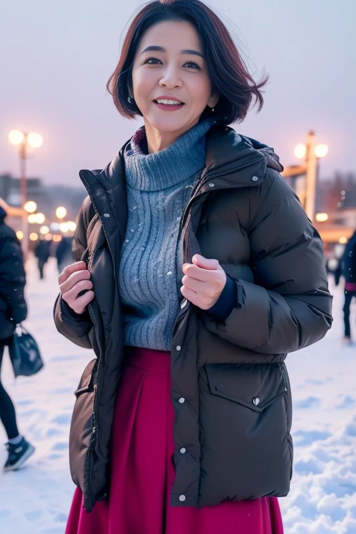 1girl,,(RAW photo, best quality), (realistic, photo-realistic:1.4), masterpiece, an extremely delicate and beautiful, extremely detailed, 2k wallpaper, Amazing, finely detail, extremely detailed CG unity 8k wallpaper, ultra-detailed, highres, soft light, beautiful detailed girl, cinematic lighting,perfect anatomy,slender body
(at a park), (winter scenery),(snow park in the background), Sapporo Odori Park Winter Festival, festival lights (bokeh)
(wearing winter jacket) (long skirt)
(smile) <lora:chest size:-1> (56 years old woman)
<lora:takashimachisako_lora:0.8>