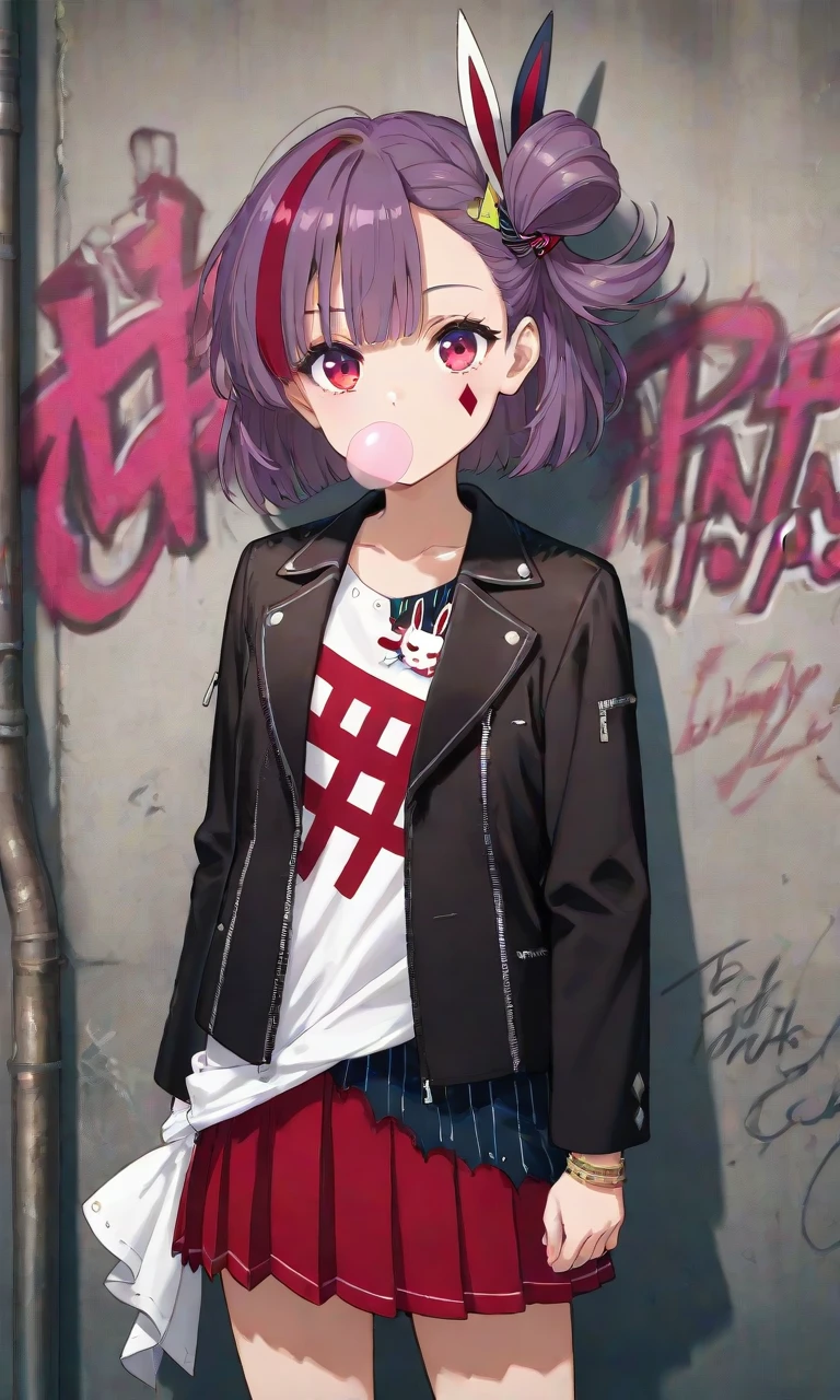 tenjin kotone, kotone punk, short hair, one side up, hair ornament, white shirt, black jacket, red skirt, pleated skirt, tied shirt, 1girl, solo, urban, street, utility poll, graffiti, against wall, cowboy shot, looking at viewer, chewing gum, expressionless