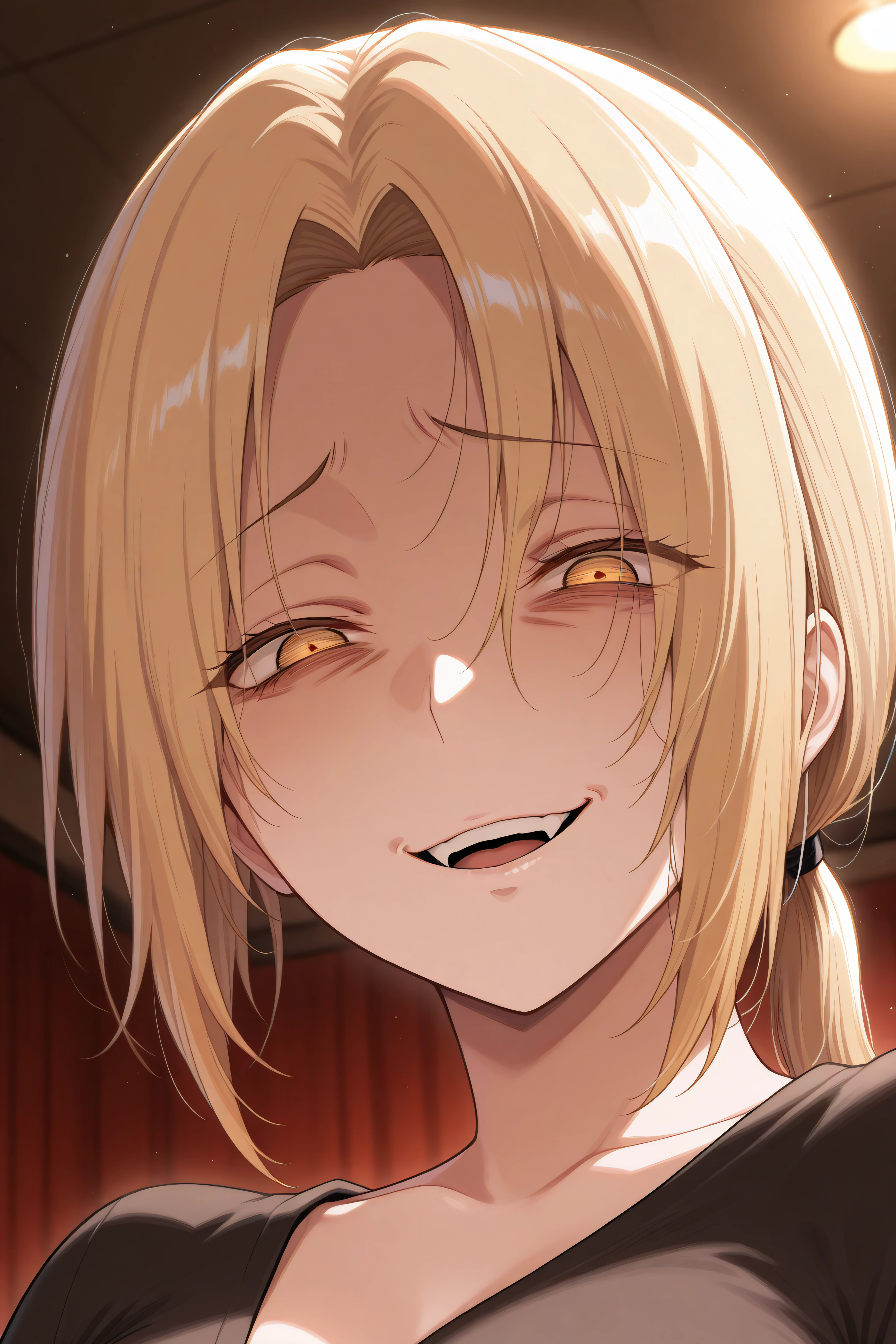 (masterpiece, best quality), <lora:Yuko Kurose-Illustrious-lora-Faxtron:1> yukokurose, yellow eyes, eyes, blonde hair, low ponytail, mature, <lora:edgGesugaoILS:1> edgGesugao,sadistic smile, ,edgGesugao facial expression,