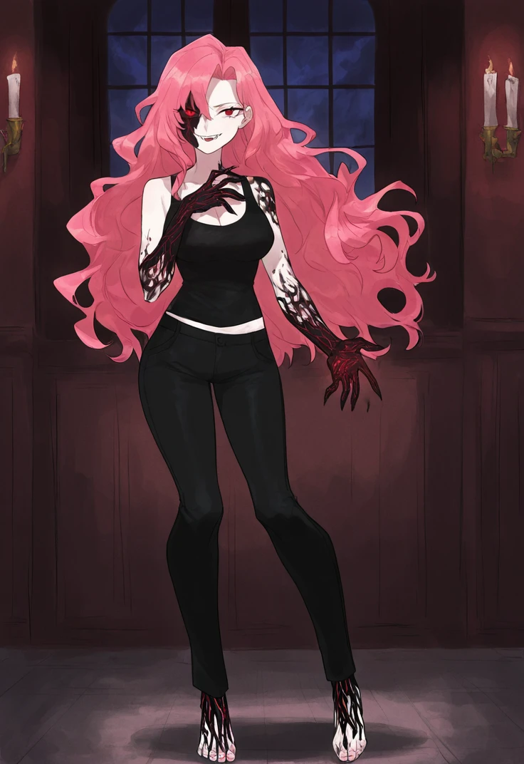 masterpiece, perfect face, beautiful face, perfect hands, beautiful hands, <lora:BloodfiendsPM_Illustrious:1>, 1girl, solo, pink hair, long hair, wavy hair, red eyes, (BloodfiendsPM, BloodfiendsHalf, half face covered, black skin, bright red veins), vampire girl, black tank top, black pants, barefoot, standing, indoors, manor, looking at viewer, smile, vampire fangs, night, full body