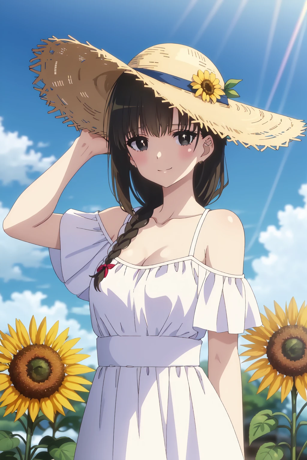 Yuki Yokoya, (8k, HD), 1 girl, alone, long hair, black hair, hair ornament, braid, black eyes, single braid, medium breasts, shoulder length hair, looking at viewer, smile, medium breasts, hat, dress, cleavage, collarbone, upper body, flower, outdoors, sky, sleeveless, day, cloud, white dress, arm raised, arm over head, blue sky, sleeveless dress, wavy hair, sun hat, straw hat, small sunflowers, summer dress
