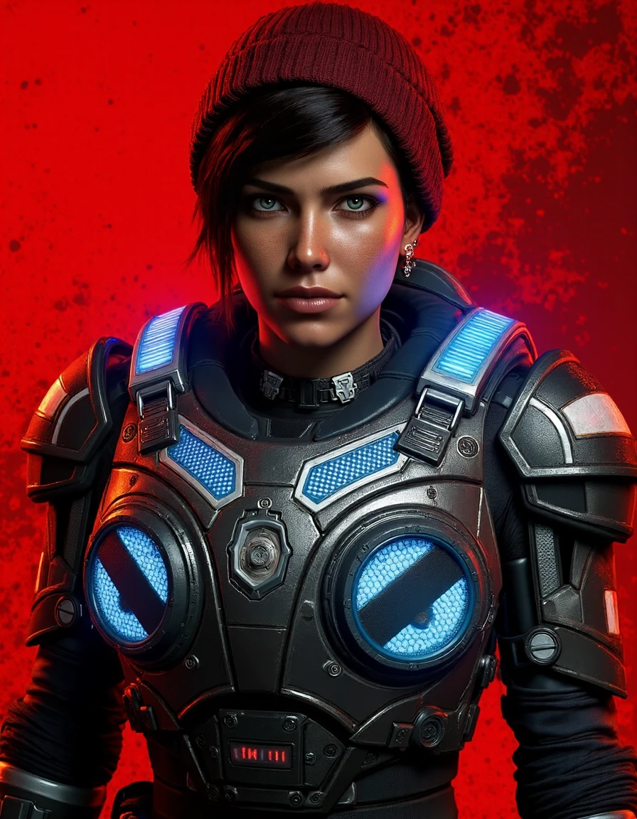 a beautiful female <lora:kaitdiazgears5:1>, wearing gears of war steel cog armour, chest plate with blue neon, shoulder guards, dark red knitted cap, highly detailed, soldier future, gears 5, emphasizing her sleek presence. The background allows the viewer to focus on her eye-catching fashion and makeup. Captured with a Sony A7R IV camera and a 50mm f/1.2 G Master lens for a beauty editorial shoot, this composition highlights her fashion-forward aesthetic. Inspired by avant-garde fashion photography from Sølve Sundsbø, this image blends contemporary fashion and minimalist elegance, high-fashion vision. red and black splash background,