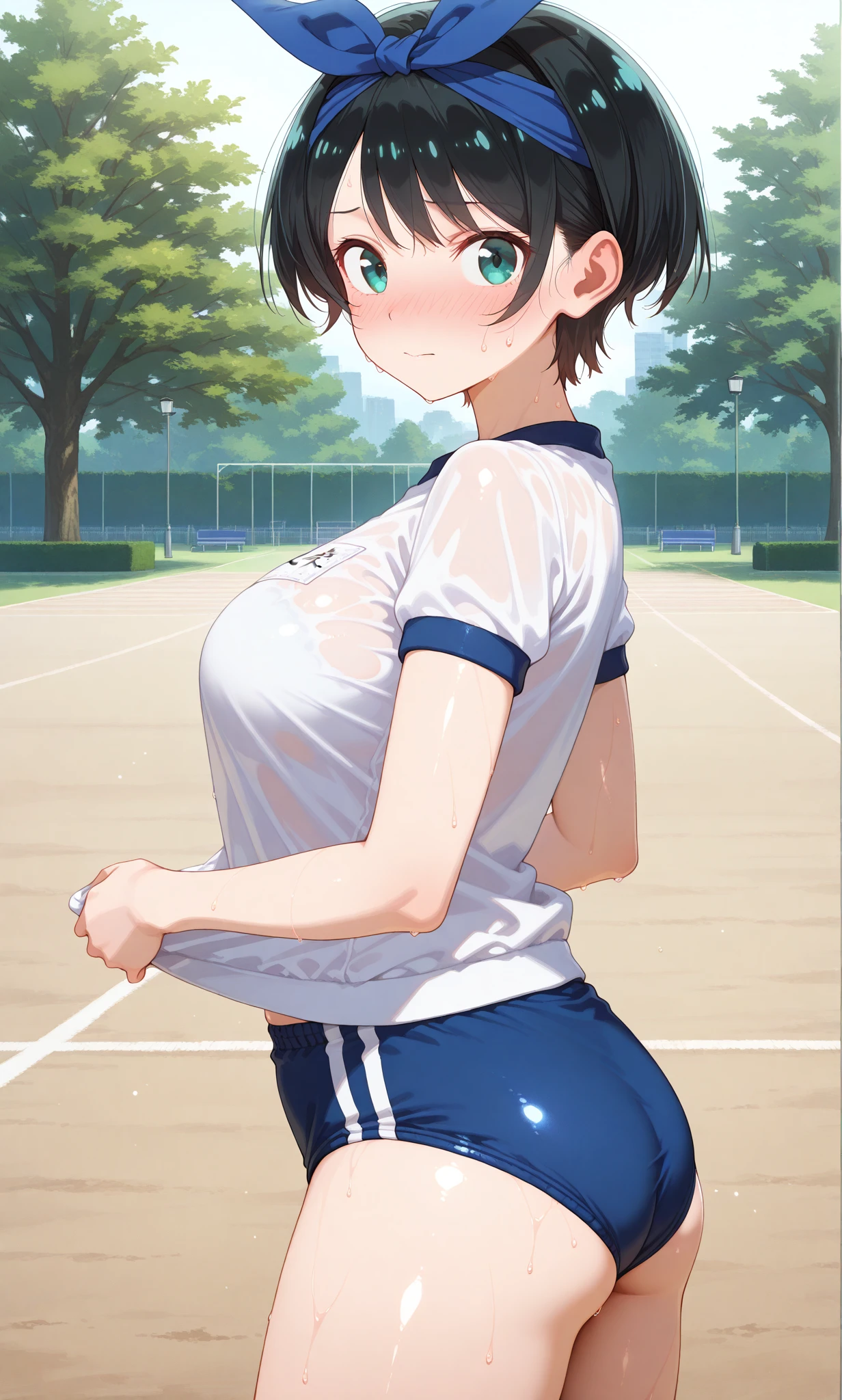 1girl, solo, white polo shirt, white sneakers, tennis wear, white miniskirt, masterpiece, best quality, realistic, hyper-detailed, (shiny skin, sweaty:1.4), absurd, looking at viewer, short black hair, brown eyes, slender, dynamic lighting, high resolution, sharp focus, depth of field, detailed eyes, sharp pupils, realistic pupils, (small breasts:1.6), (thick thighs:1.0), outdoor, sky