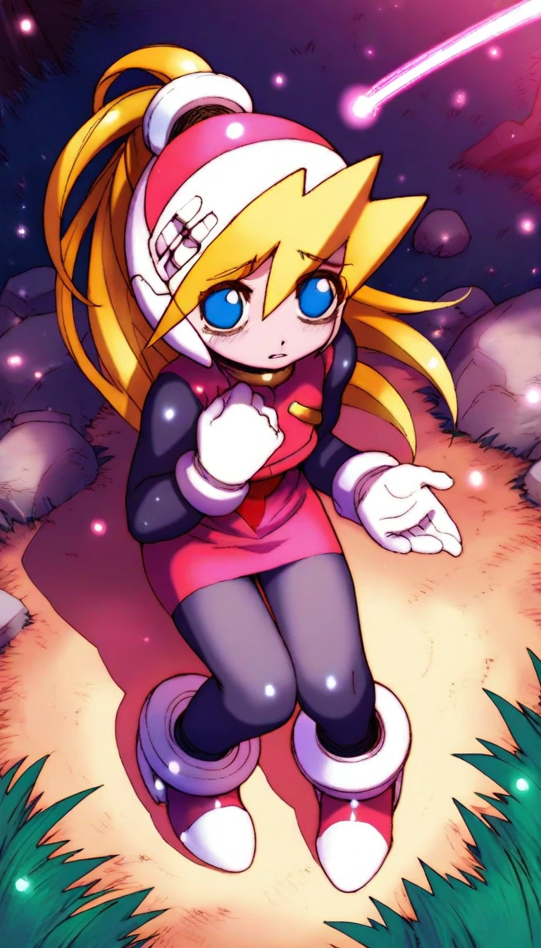 masterpiece,best quality,amazing quality,
<lora:cielIL:1>,
cie1,
1girl,solo,blonde hair,long hair,bangs,ponytail,headdress,blue eyes,black bodysuit,pink waistcoat,pink skirt,white gloves,black tights,white and pink footwear,
full body,looking up,furrowed brow,
full body,from above,looking at viewer,furrowed brow,parted lips,squatting,left hand on chest,
soft lighting,light particles,
outdoors,ground,grass,tree root,rock,(shooting star is visible through eyes:1.5),