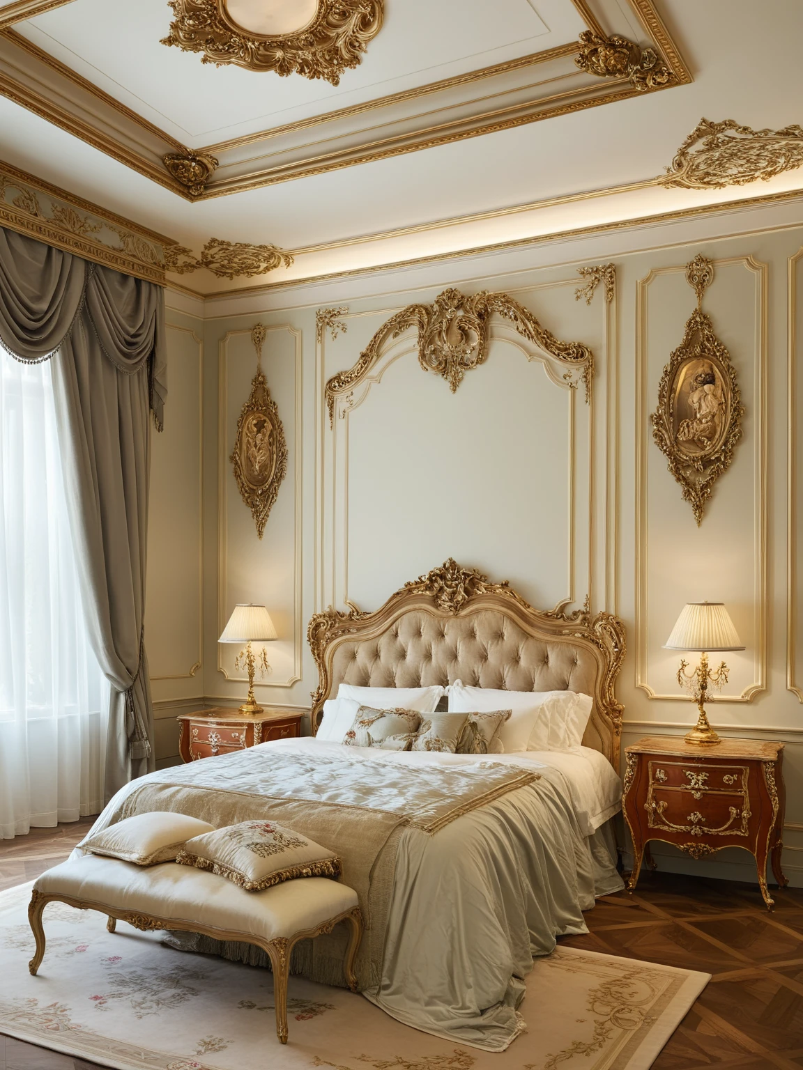 <lora:JJsRococoStyle_XL:1> , (Rococo),((best quality)),((masterpiece)),((realistic)), indoors, no humans, scenery, ceiling light, blanket, painting, still life, carpet, subject, rug,bed, golden_ratio,