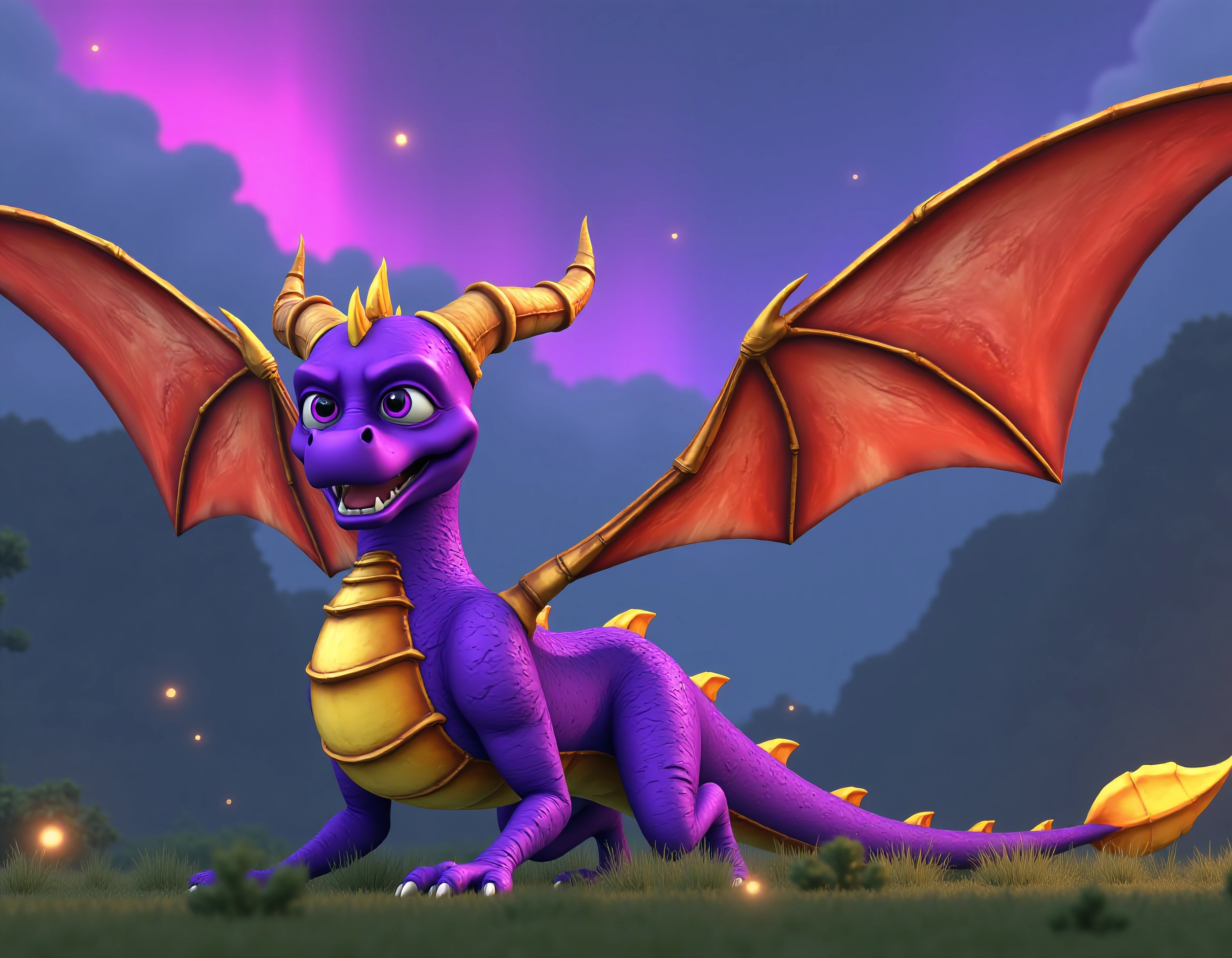 <lora:spyro-the-dragon-the-legend-of-spyro-dawn-of-the-dragon:1> Spyro, adult, Solo, resting in a serene meadow under a sky filled with vibrant auroras, his wings folded neatly and his mouth closed, surrounded by delicate glowing fireflies, high definition, hyper detailed, 8k, majestic.