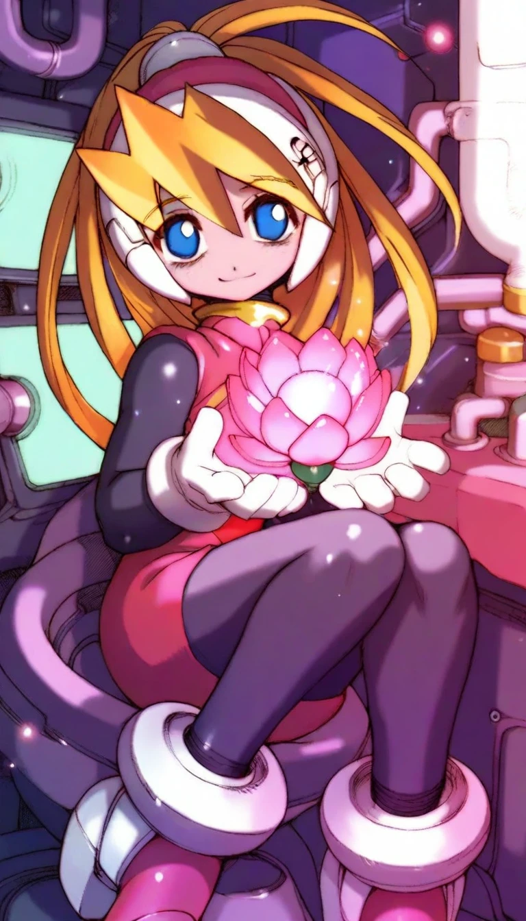 masterpiece,best quality,amazing quality,
<lora:cielIL:1>,
cie1,
1girl,solo,blonde hair,long hair,bangs,ponytail,headdress,blue eyes,black bodysuit,pink waistcoat,pink skirt,white gloves,black tights,white and pink footwear,
portrait,cupping hands,looking at viewer,smile,
soft lighting,light particles,
a glowing lotus floating in air,light particles,floating cyber patterns,
indoors,laboratory,