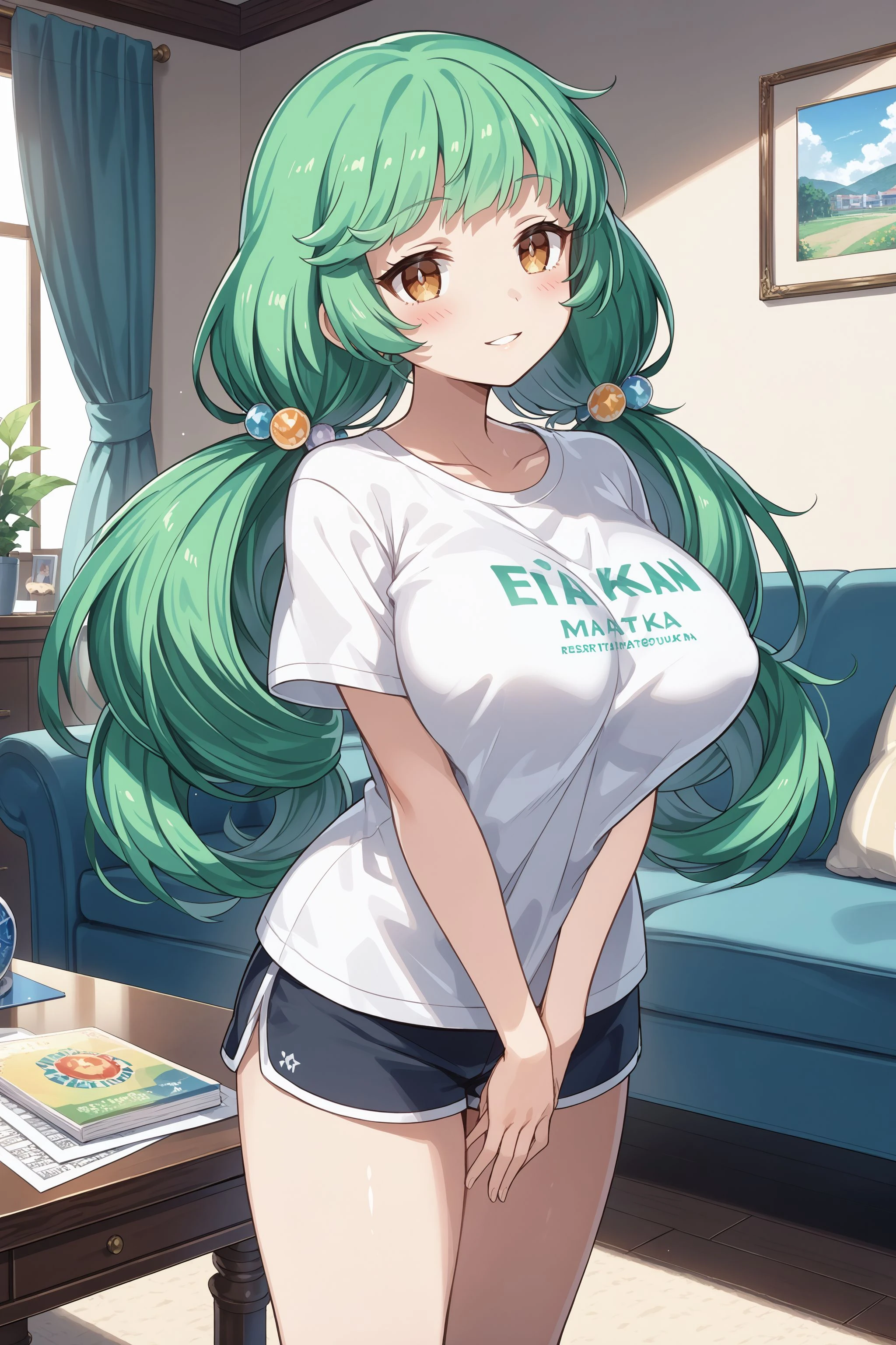 masterpiece, best quality, high resolution , standing, cowboy shots, show off panties, show off ass, look down, massive thighs, plump, enormous belly, smug smile, looking at viewer, flirting, lifting up skirt, green panties, wedgie, teasing, smug smile, chubby belly, bright lipstick, thick, thick lips, chubby, fat, wide, looking down at viewer, showing front of panties, standing in front of viewer, fat belly, wobbly belly, struggling with belly, green hair, belly sagging, belly showing, clothes too small, obese, overweight, flirty, lifting up shirt, massively fat, tight clothes, ripping out of clothes, vore belly, someone in belly, vulgar, confident look, one eyebrow raised, tongue out, no skirt