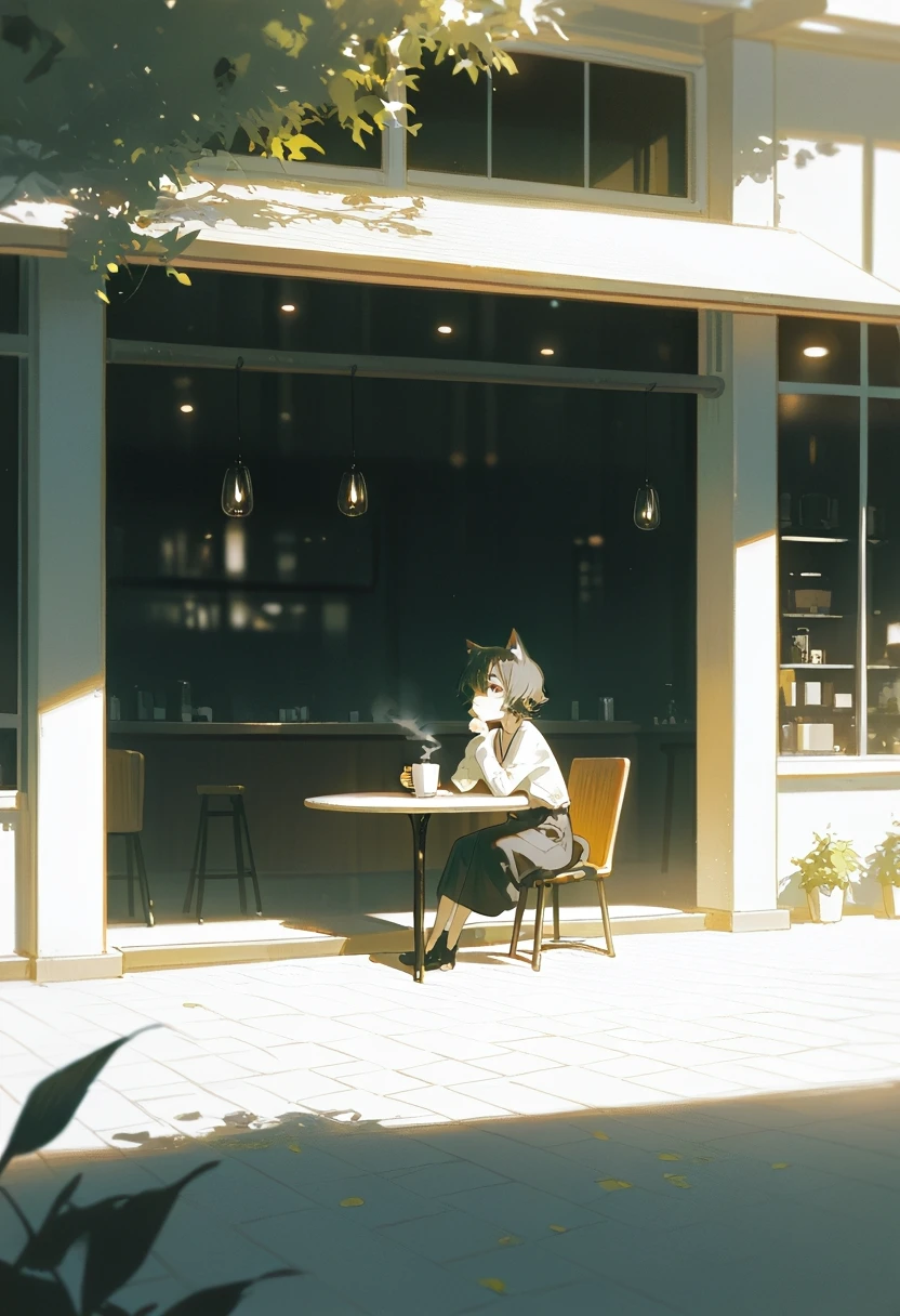 dino \(dinoartforame\), (konya karasue:1.2), 1girl, cat girl, scenery, wide shot, outdoors, full body shot, dynamic pose, cafe, sitting, holding cup, steam from cup, looking afar, thinking, day, sunlight, leaves, long shot, depth of field,