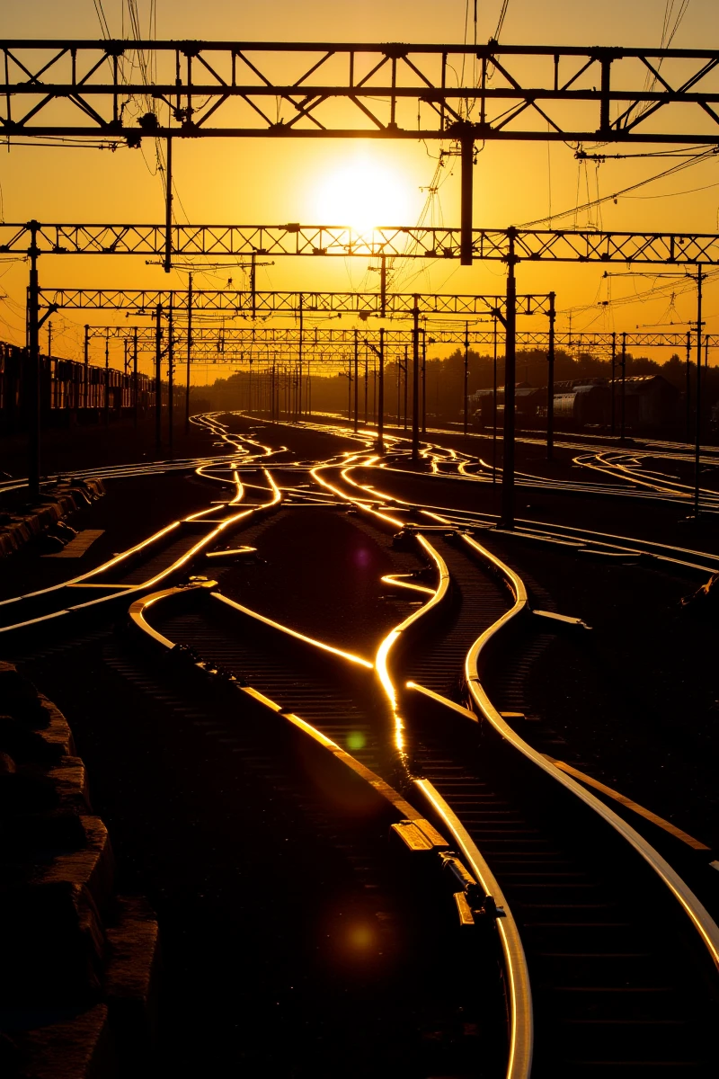 Rust_Decay,Enhanced_Lighting_and_Textures,The image captures a complex network of railway tracks at sunset, creating a visually striking scene. The tracks crisscross and diverge in various directions, highlighted by the warm, golden light of the setting sun. The sun casts long shadows and illuminates the rails, emphasizing the intricate patterns formed by the converging and diverging lines. In the background, there are silhouettes of trains and infrastructure, suggesting a busy rail yard or station. The sky is a gradient of orange and yellow hues, transitioning into the darker blues of the higher atmosphere. The overall effect is one of organized chaos, as the precise engineering of the railway system contrasts with the natural beauty of the sunset. The image conveys a sense of movement and connectivity, essential to the function of railways as vital transportation arteries.