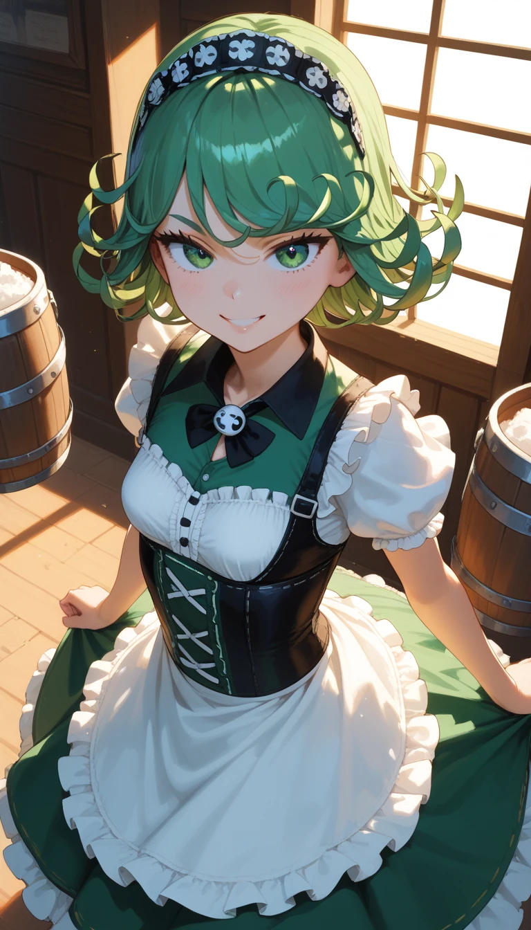 1girl, smile, solo, curvy, tatsumaki, dirndl, bodice, skirt, blouse, puffy short sleeves, waist apron, small breasts, high angle, volumetric lighting, dramatic shadows, oktoberfest,
BREAK,masterpiece, best quality,score_7_up,score_8_up,score_ 9, score_5_up,score_6_up,