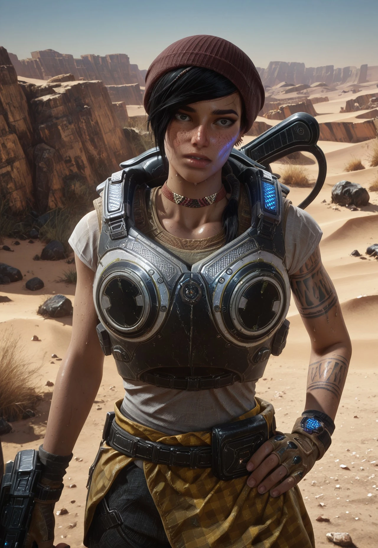 masterpiece, best quality, BREAK, 1girl, solo, kaitdgow, black hair, short hair, ponytail, freckles, tanktop, beanie, choker, light armor, fingerless gloves, shirt around waist, arm tattoo, hand on hip, looking at viewer, desert, hot, sweaty body,