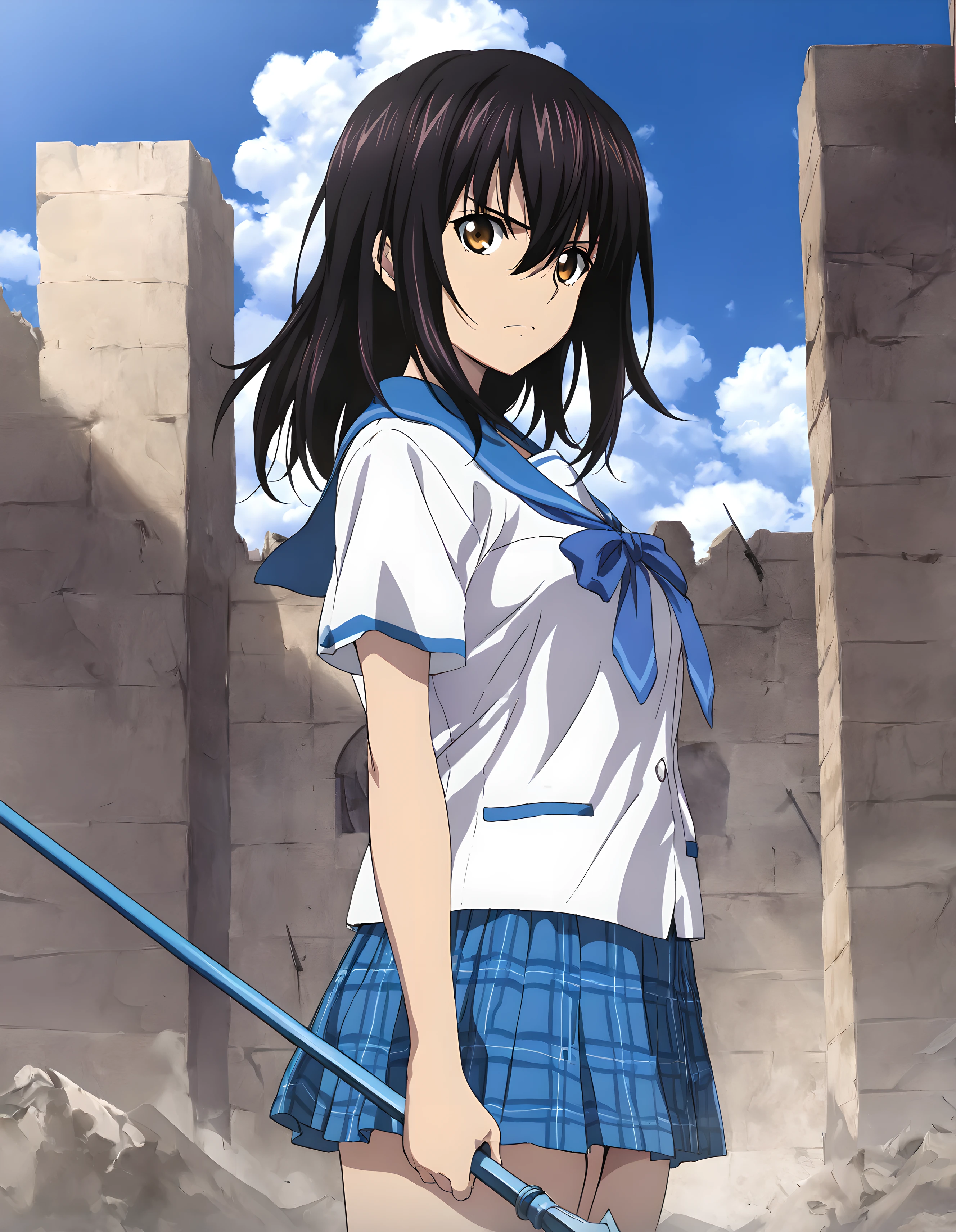 <lora:illustrious_XL_yukina_v2:0.8>,yukina,masterpiece,best quality,good quality,1girl,solo,school uniform,serafuku,short sleeves,blue mini skirt,plaid skirt,outdoors,day,blue sky,sky,cloud,holding weapon,polearm,spear,standing,arms_at_sides,upper_body,looking_at_viewer,serious,