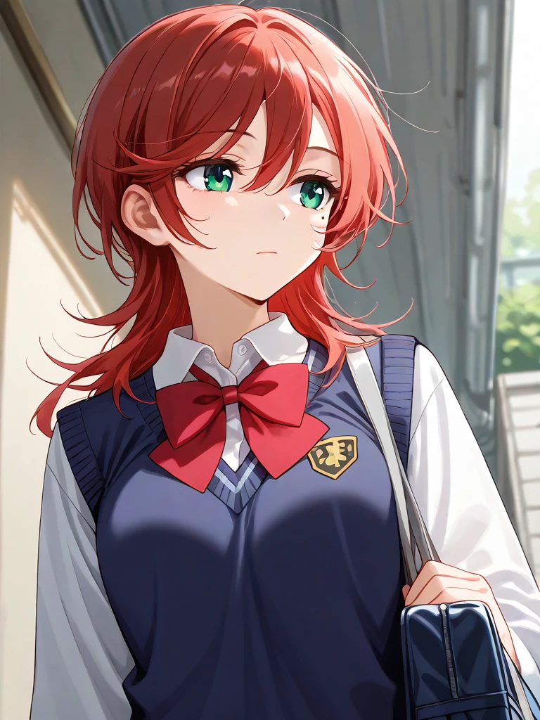 score_9, score_8_up, score_7_up,source_anime, high res image, (masterpiece, best quality:1.4), clear skin,
(shiny skin, glistening skin, shiny body, shiny face:0.6), <lora:Expressive_H:1>, expressiveh, <lora:add-detail-xl:1>,
eba rin sweater, eba rin, 1girl, solo, red hair, green eyes, mole under eye, mole, bag, school uniform, long hair, expressionless, looking away, facing away, from below, school bag, upper body, sweater vest, looking at viewer, red bow, blue sweater vest, <lora:eba_rin_ponyxl-07:1>