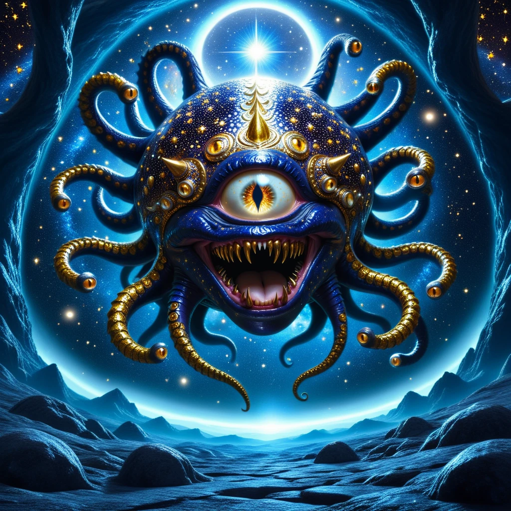 masterpiece, ultra quality, ultra detailed, <lora:Magic_Creatures_Beholders_V2_SDXL1.0:1> beholders, bhv2, cinematic, dramatic lighting, ultra detailed textures and colors, a dazzling beholder with a rich gold body and starry patterns of deep blue and silver. She has tentacles with eyes in every tentacle tip, her large, curious eyes twinkle like stars in the night sky. She has a big open mouth with sharp teeth, she has long eyelashes in her eye, and mascara and eyeliner, she hovers in a cosmic setting filled with glowing nebulae and stardust, the ambient light creating a magical halo effect around her, enhancing her metallic texture