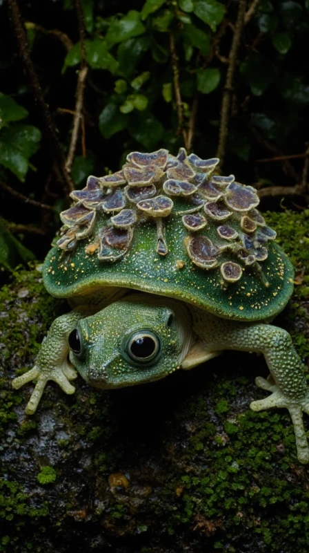 A stunning, turtle-frog hybrid creature rests on a moss-covered boulder deep within a humid, bioluminescent rainforest. Its back is crowned with a surreal array of mushrooms that seem to defy earthly logic, growing directly from its glossy, rippling shell. The mushrooms come in a dazzling variety of shapes and sizes: spiraling, conical caps reminiscent of nautilus shells; flat, circular discs with concentric ridges that glow softly in shifting hues of emerald and amber; and elongated, tubular stalks with translucent tops that pulse gently as if breathing. Some caps are textured with intricate lattice patterns, others sport tiny, bead-like droplets of glowing liquid that cling to their surfaces and occasionally drip onto the forest floor below.
Along the edges of the shell, smaller fungal growths cluster like coral reefs, featuring irregular, finger-like protrusions that emit faint flickers of light in deep violets and oranges. Tiny, filament-like fungal threads weave across the shell’s surface, connecting the larger mushrooms into an organic, fluid network that hums with a faint bioluminescence, as though alive with its own ecosystem.
The creature’s skin is a lustrous, amphibian green with an opalescent quality, shimmering with golden highlights that shift in the rainforest’s diffuse, misty light. Its wide, frog-like face features intricate ridges, speckled with tiny fungi resembling miniature toadstools, adding an eerie yet harmonious detail to its otherworldly appearance. Large, glossy black eyes catch the ambient glow of its fungal adornments, reflecting the surreal environment like pools of liquid glass.
The rainforest is alive with texture and atmosphere: glowing ferns and vines dangle from the canopy, casting cascading shadows across the creature and the glowing pool of water at its feet. Tiny floating spores drift through the air, their iridescent hues adding depth to the dimly lit forest. The overall scene is a kaleidoscope of bioluminescent colors, with bold greens, deep purples, and fiery oranges blending in intricate harmony. The mushrooms’ dynamic shapes and translucent textures, paired with the creature’s amphibian features, create an awe-inspiring and surreal vision of life thriving in the depths of an uncharted jungle