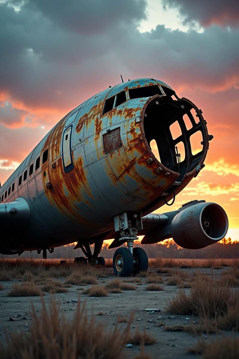 Rust_Decay,Enhanced_Lighting_and_Textures,The image portrays the wreckage of a large aircraft that has been abandoned and exposed to the elements, resulting in extensive rusting and corrosion. The fuselage of the plane, once sleek and metallic, is now marred by a thick layer of rust that blankets its surface, giving it a textured, corroded appearance. The windows are either broken or missing, and the interior is visible, suggesting the plane has been in this state for a considerable time.
The aircraft's skin is pockmarked with rust spots and streaks, and the once shiny metal is now dulled and discolored. The wings and tail section show similar signs of severe corrosion, with the structural integrity visibly compromised. The landing gear is either collapsed or missing, and the plane rests unevenly on the ground, further indicating the advanced state of decay.
The scene is set against a backdrop of a dramatic sky at either sunrise or sunset, with the warm hues of the sun casting a stark contrast to the cold, rusted metal of the plane. The surrounding landscape is barren and desolate, emphasizing the isolation and *********** of the aircraft. This image serves as a poignant reminder of the relentless effects of time and nature on man-**** objects, as well as the haunting beauty that can be found in such scenes of decay.