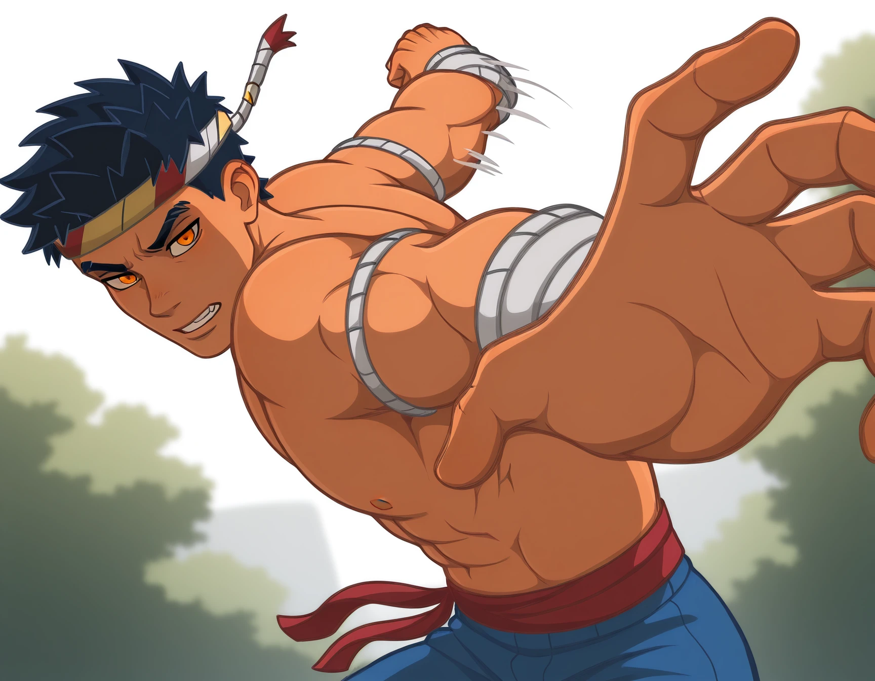 masterpiece, best quality, amazing quality, very aesthetic, high resolution, solo, male
Tong-vkstickrs, bare torso, white bandages, muscular, orange eyes, red sash, blue shorts, IncrsPunchMeme, incoming attack, outdoors, motion lines, upper body <lora:PepePunchMeme_illusXLNoobAI_Incrs_v1:1.1>
<lora:Tong-vkstickrs_il:0.9>