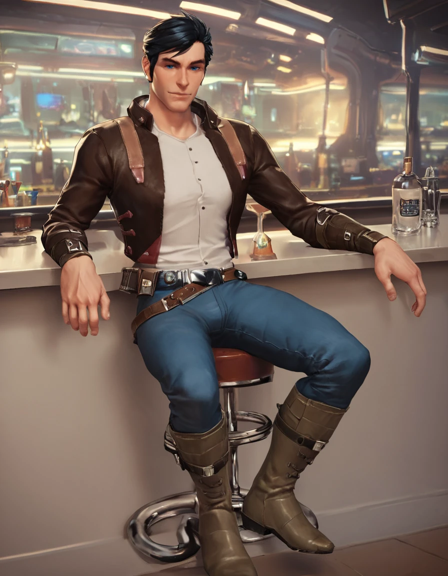 score_9, score_8_up, score_7_up, score_6_up, score_5_up, male focus, solo, <lora:SWTOR_-_Jonas_Balkar_-_Pony_4:0.8>, jonasbalkar, male, black hair, blue eyes, shoulder straps, brown jacket, white shirt, portrait, leather bracers, brown belt, blue striped pants, boots, contrapposto, spacecraft interior, looking at viewer, sitting on barstool, bar (place)