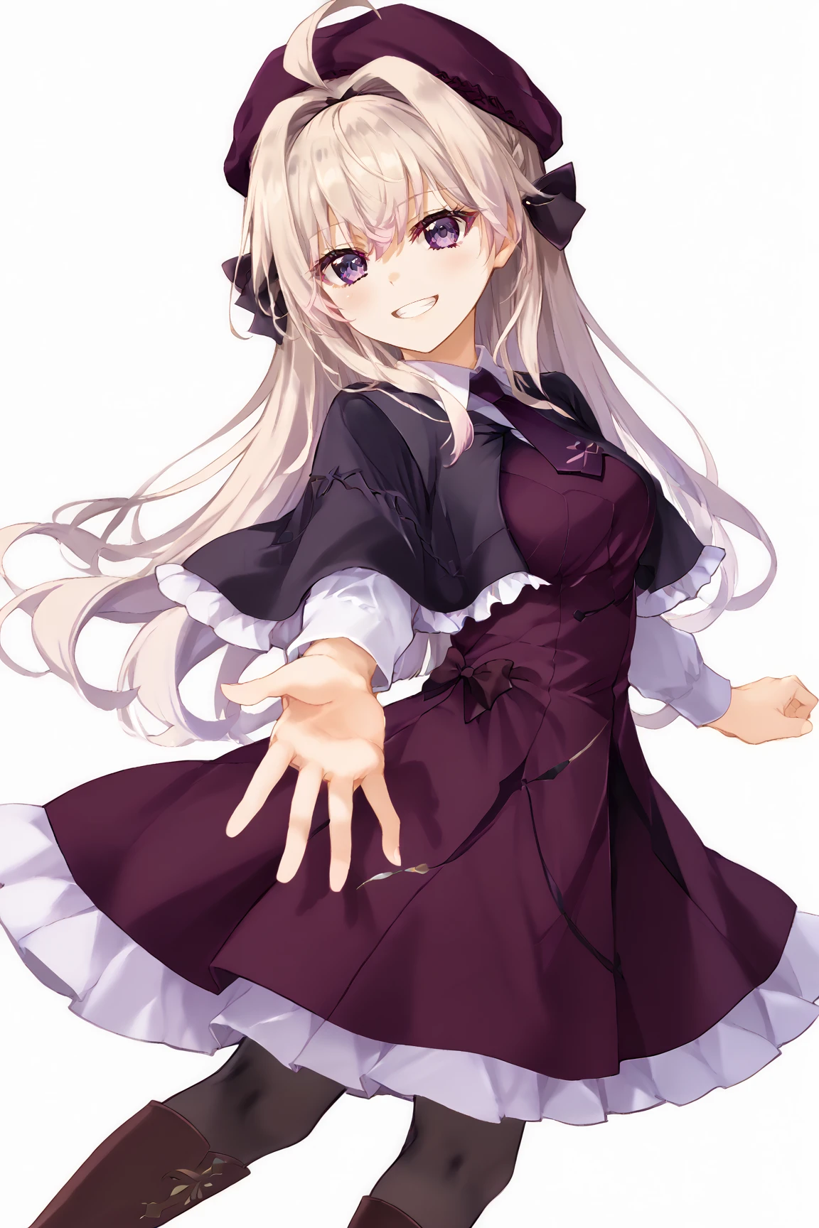 score_9, score_8_up, score_7_up, masterpiece, high quality, white background, 1girl, tall, solo, YuiNoeka, purple eyes, long hair, platinum blonde hair, h female, air intakes, hair between eyes, ahoge, black hair ribbon, detailed eyes, beautiful eyes, detailed hands, perfect hands, Noekauniform, dark red purple dress, black capelet, frill capelet, white collared shirt, long sleeves, white frills, pantyhose, boots, black tie, beret, slight grin, teeth, looking back reaching towards viewer, looking at viewer, solo focus, looking back, reaching towards viewer, good_hands