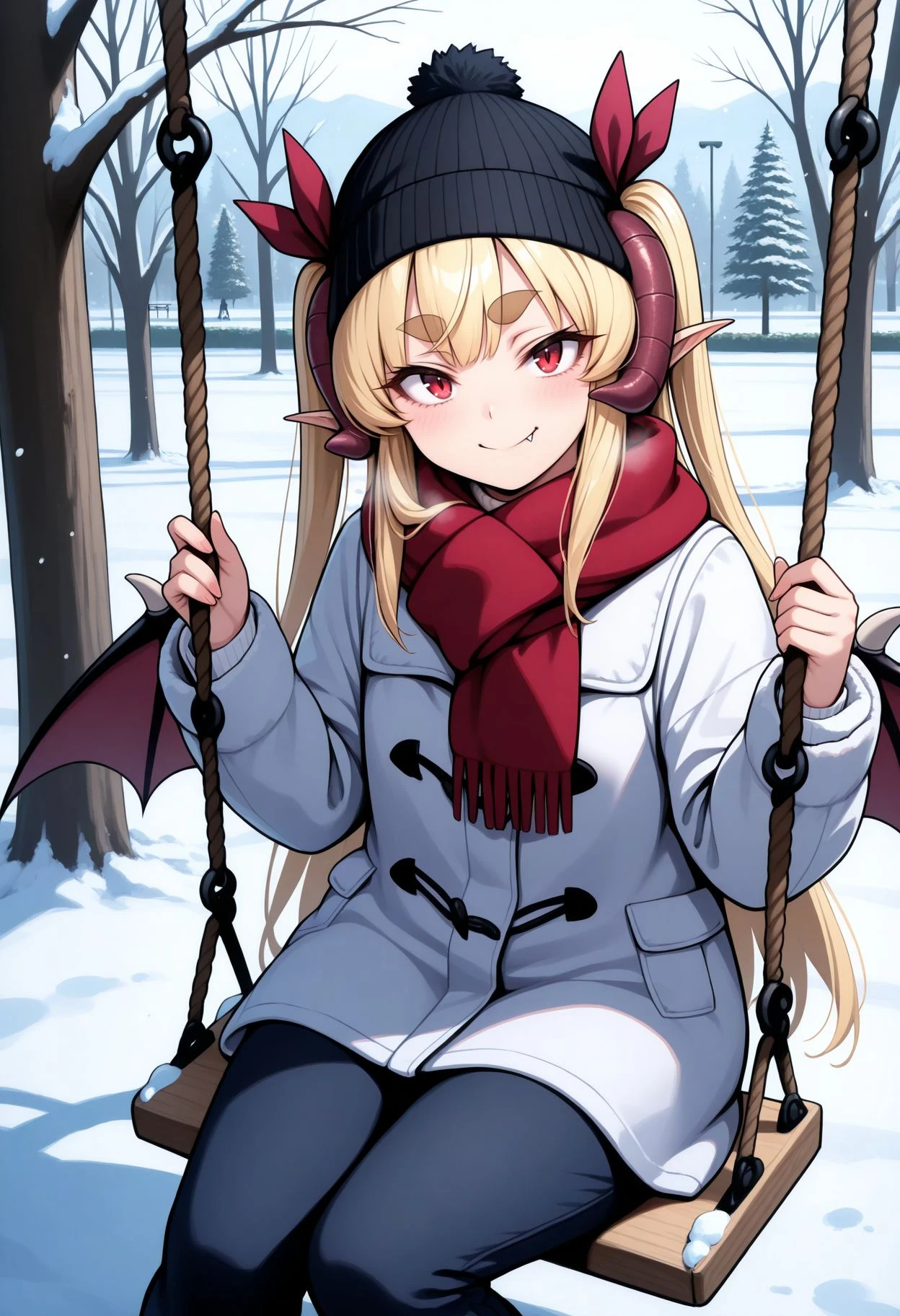 masterpiece,best quality,absurdres,highres,very aesthetic,high quality,detailed,insanely detailed,beautiful,perfect lighting,
<lora:Lily illu v2:0.8> 1girl, blonde hair, long hair, two side up, pointy ears, demon horns, demon girl, thick eyebrows, demon wings, fang out, big smile, looking at viewer,
winter clothes, beanie, scarf, coat, pants, sitting, swinging, outdoors, park, snow, tree, swing
