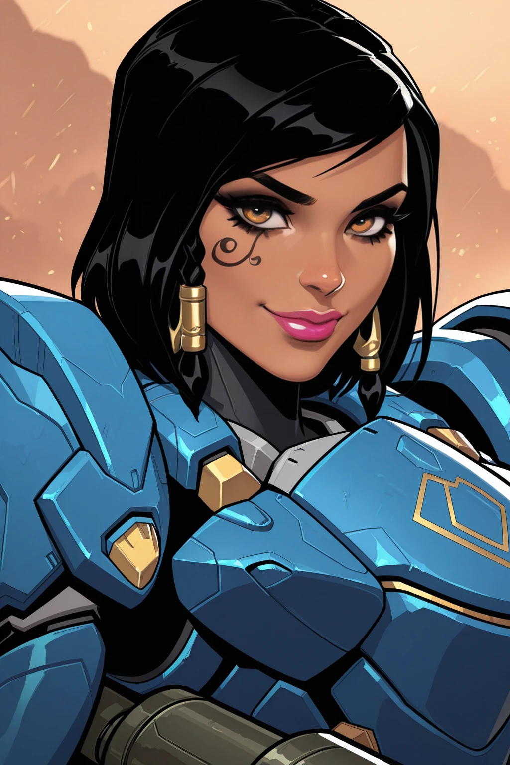 masterpiece, good quality, best quality, very awa, very as2, absurdres, highres,
<lora:PharahilluLoRA:0.8> phrah, hair tubes, facial tattoo, side braids, power armor, short hair, holding gun, rocket launcher, upper body
<lora:CherryMouseStreetStyleIlluLYCO:1> 1girl, lipstick, makeup, nose, lips, solo, earrings, looking at viewer, sexy smile
