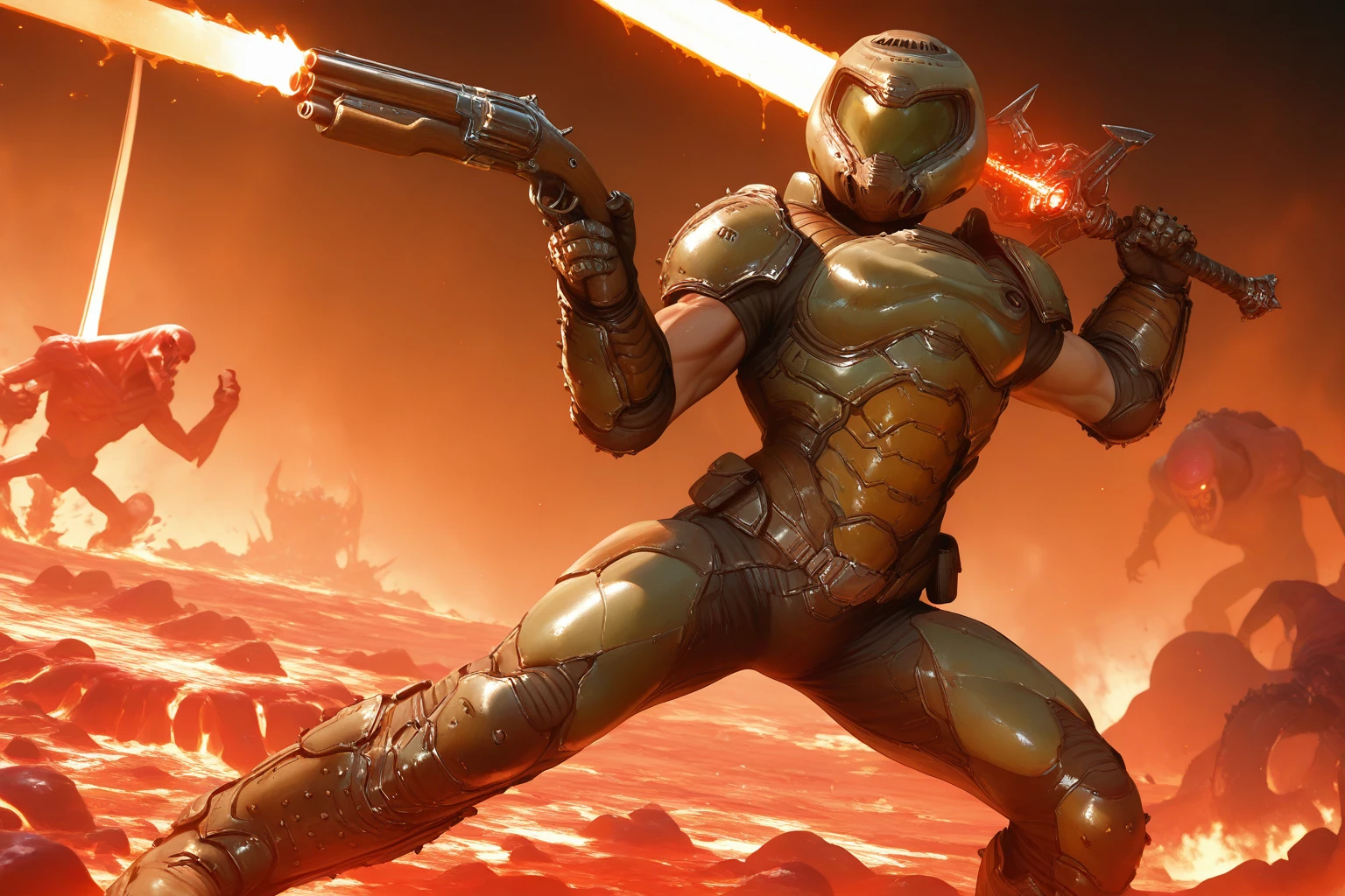 masterpiece, good quality, best quality, very awa, very as2, absurdres, highres, 3d ,render, realistic
<lora:Doom Girl CrashilluLoRA:1>doomguy, 1boy, manly male, helmet, muscular, shoulder armor, breastplate, gauntlets, belt, pouch, boots, holding shotgun, firing, holding glowing sword,( red alien monster), fighting stance, molten rock, hell, slashing, solo, dynamic pose, dynamic motion