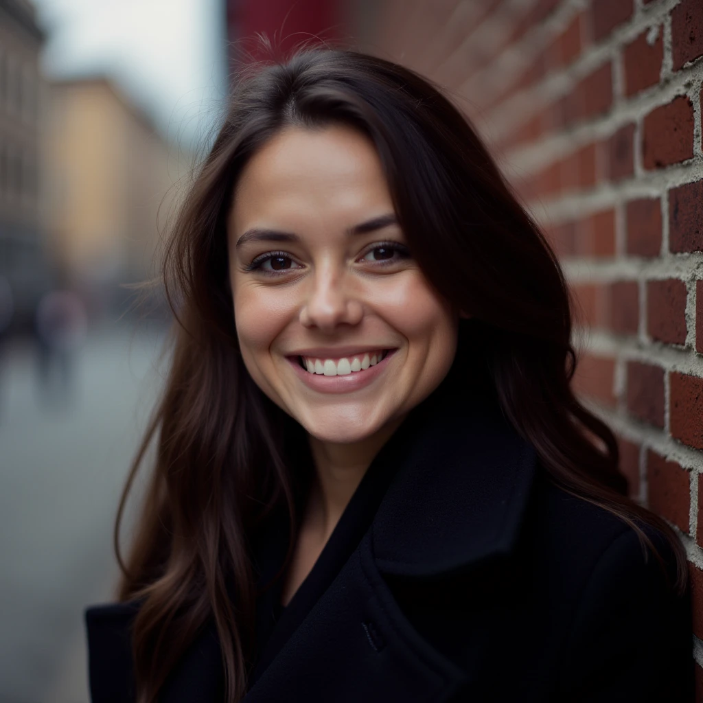 UHD, 4k, ultra detailed, cinematic, a photograph of <lora:Celluloid Film v1:0.9>
Kodak Portra 400 analog film stocks of a woman in a black coat is smiling, detailed image, sharp edges, cinematic, cinematography, Kodak Portra 400 analog film stocks style, 1girl, solo, long hair, smile, shirt, brown hair, black hair, jacket, upper body, outdoors, teeth, blurry, grin, black eyes, blurry background, realistic, brick wall, contrast:0.5, epic, beautiful lighting, inpsiring