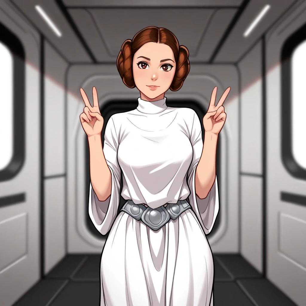 masterpiece, best quality, princessleia, 1girl, solo, brown hair, hair buns, brown eyes, white dress, belt, cowboy shot, <lora:PrincessLeia_illustrious_Leaf1:1>, double v, looking at viewer, futuristic interior, depth of field,