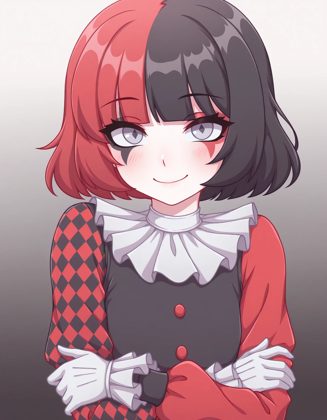 masterpiece, best quality, amazing quality, very aesthetic, high resolution, solo
Maf, two tone hair, red hair, black hair, black outfit, white collar, red sleeves, featuring a checkered sleeve, white collar, white gloves, gradient background, crossed arms, smile, looking at viewer
<lora:Maf_il:0.9>