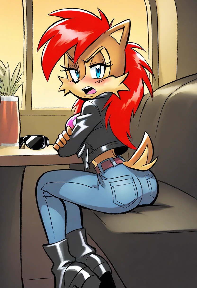 best quality, masterpiece, 1girl, solo, brown fur, sitting, furry female, sonic character, anti sally acorn, archie_artstyle, breasts, looking at viewer, facing viewer, long hair, red hair, blue eyes, turning head, black boots, leather jacket, sunglasses, cutoff jeans, indoors, tubetop, skull_print, booth seating, cafe, crossed arms, open mouth, annoyed, blush, tail, <lora:Anti_SallyEvil_SallyPrincess_Alicia_Acorn_for_Illustrious:1>,