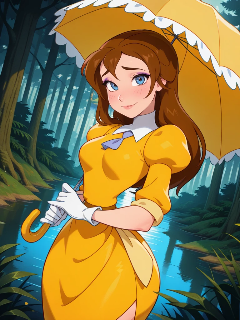 , narrow waist, wide hips, thick thighs,
1girl, medium breasts, (JaneXL:1.1), long hair, brown hair, blue eyes, yellow dress, puffy sleeves, white gloves, skirt, makeup,
light smile, dutch angle, shy pose, shy, looking at viewer, forest, lake, vegetation, daylight, portrait, dynamic pose, cowboy shot, from side, holding an umbrella, 
<lora:JanePorterXL_Character:0.7>  <lora:[Kajin-man] Artist Style IllustriousXL:1>