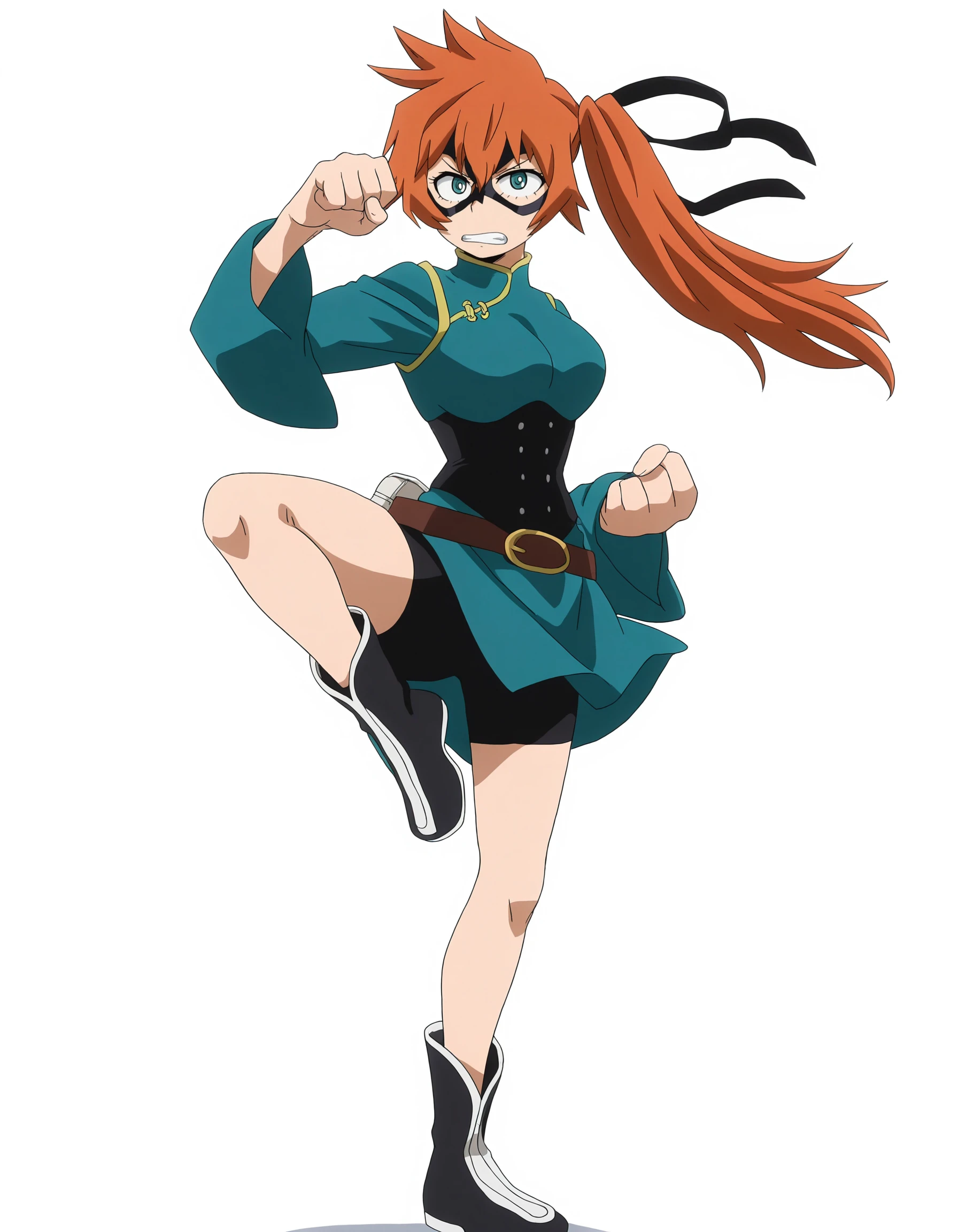 solo, full body, perfect composition, shadows, shading, <lora:anime_screencap-Illustrious:0.65> anime screencap, anime coloring, very aesthetic, absurdres, zPDXL, <lora:Pony_DetailV2.0:0.5> <lora:illustrious_quality_modifiers_masterpieces_v1:1>
<lora:ItsukaK:1> 1tsuk2, 1girl, teal eyes, domino mask, side ponytail, orange hair, hair ribbon, female focus, concentrating, defined lips, clenched teeth, fighting pose, martial arts pose, one hand raised, giant fist, large fist, standing on one leg, leg raised, punch, clenched fist,
h3r0_outfit, chinese clothes, turquoise dress, yellow trim, long sleeves, black corset, brown belt, pouch, black shorts, bike shorts, black boots
white background, simple background,